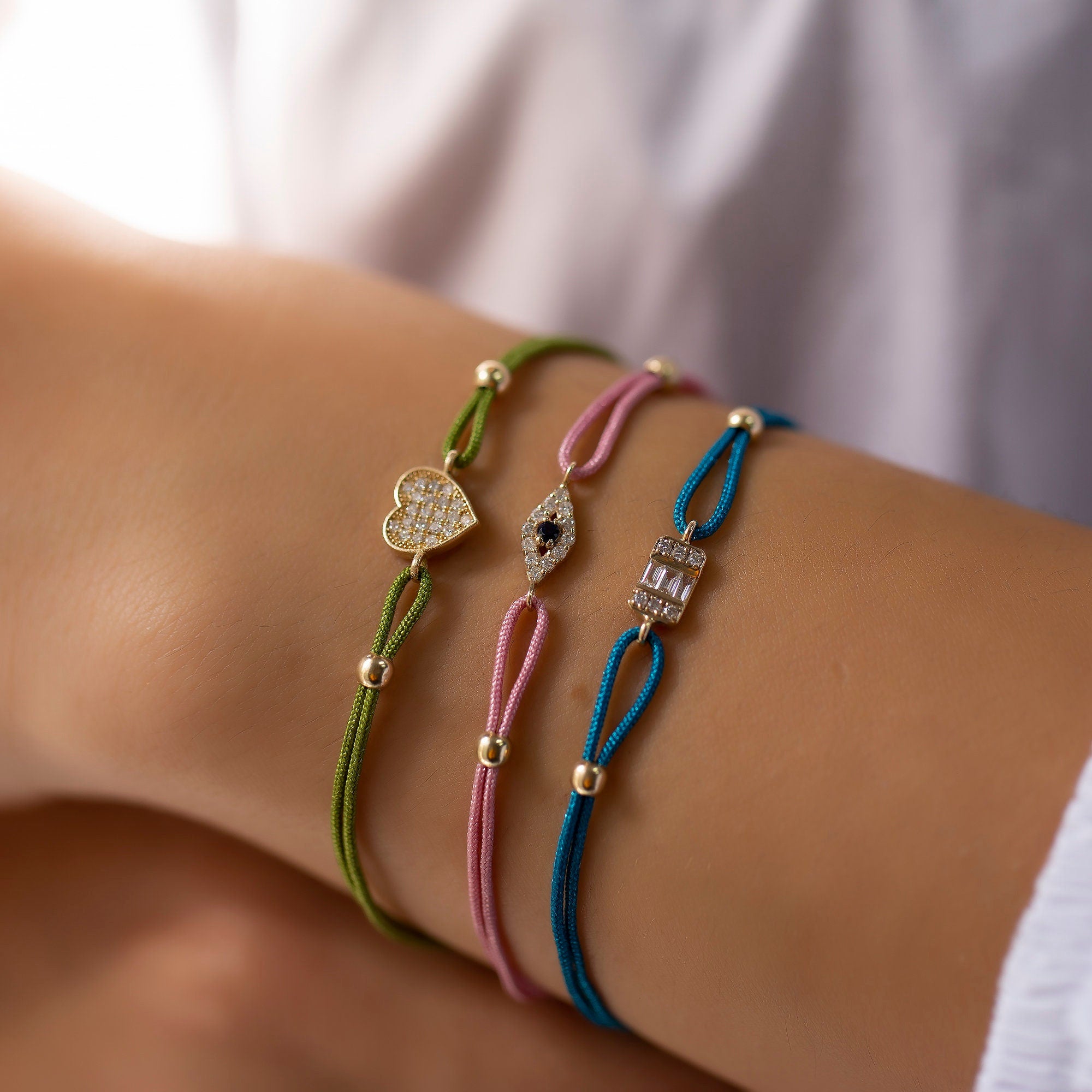 14K Gold Diamond Evil Eye Bracelet on Color Cord – Corde