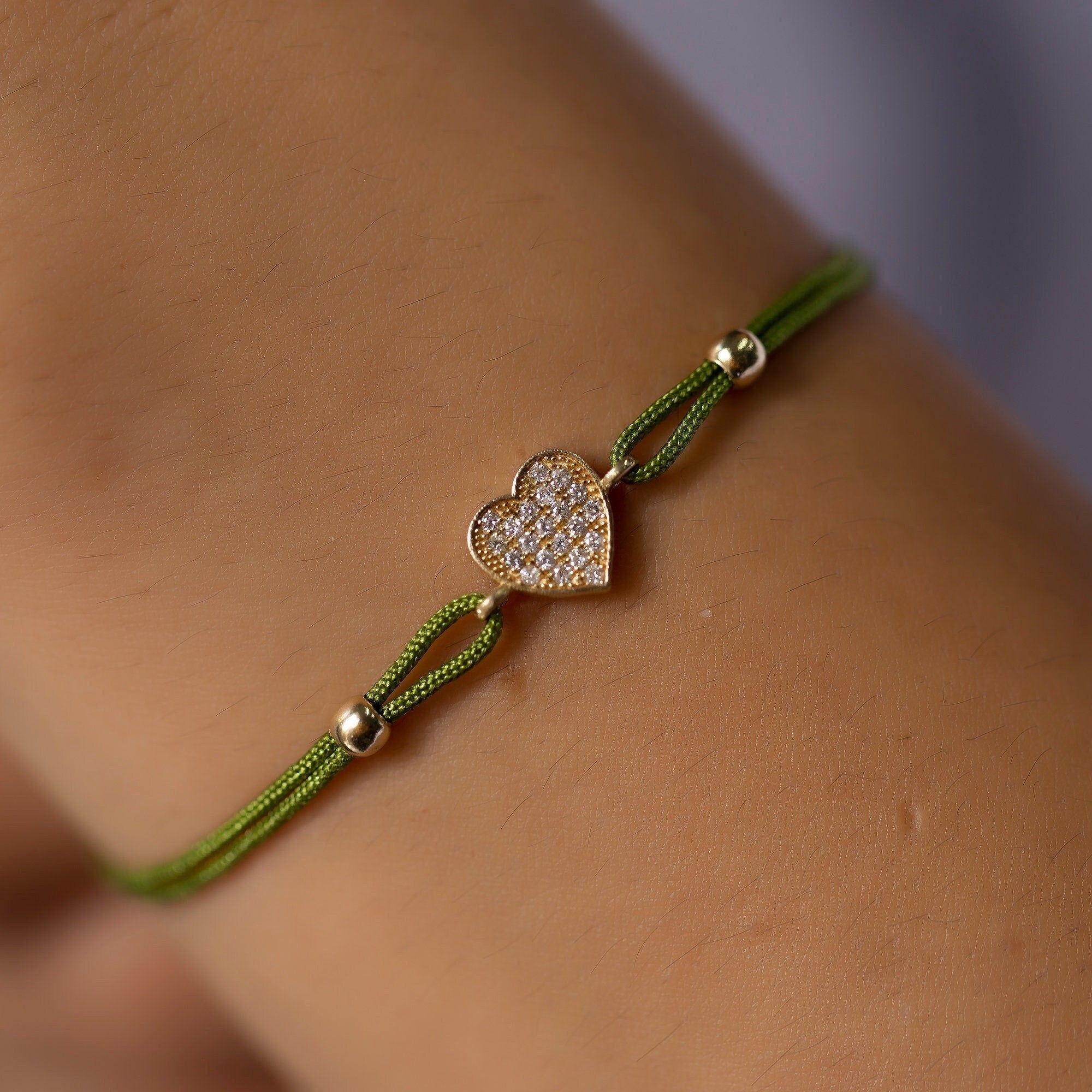 14K Gold Diamond Heart Bracelet on Color Cord – Corde