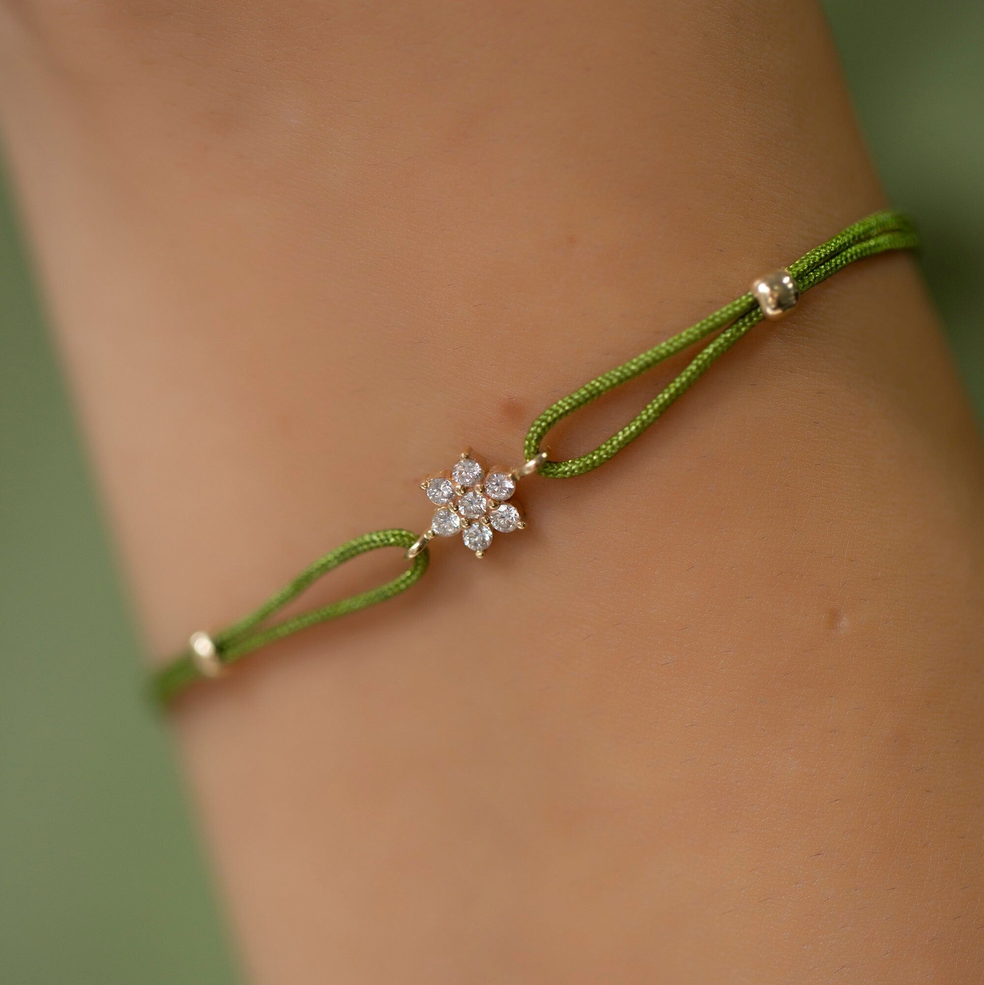 14K Gold Diamond Flower Bracelet on Color Cord – Corde