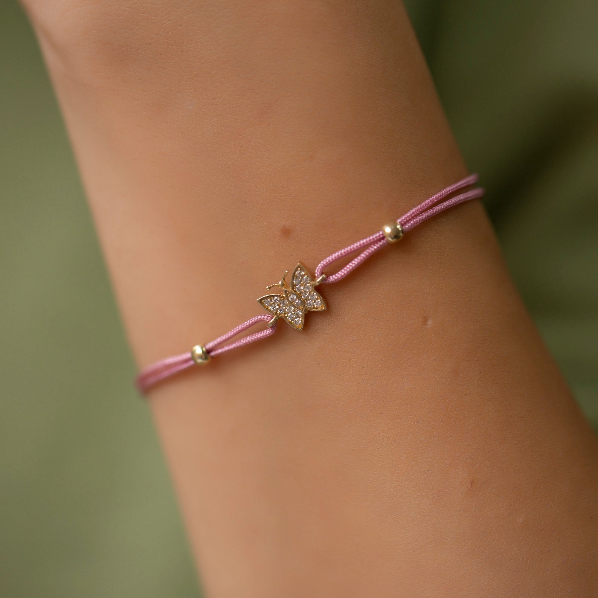 14K Gold Diamond Butterfly Bracelet on Color Cord – Corde