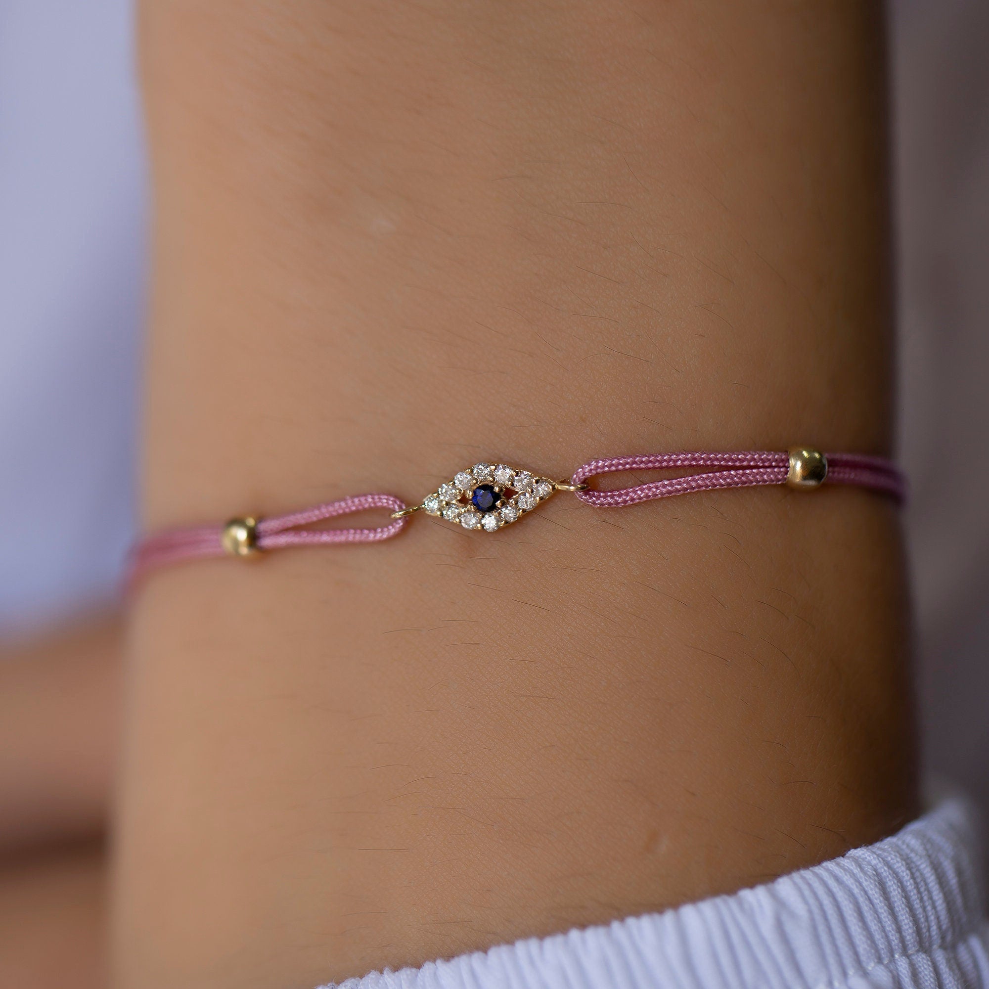 14K Gold Diamond Evil Eye Bracelet on Color Cord – Corde