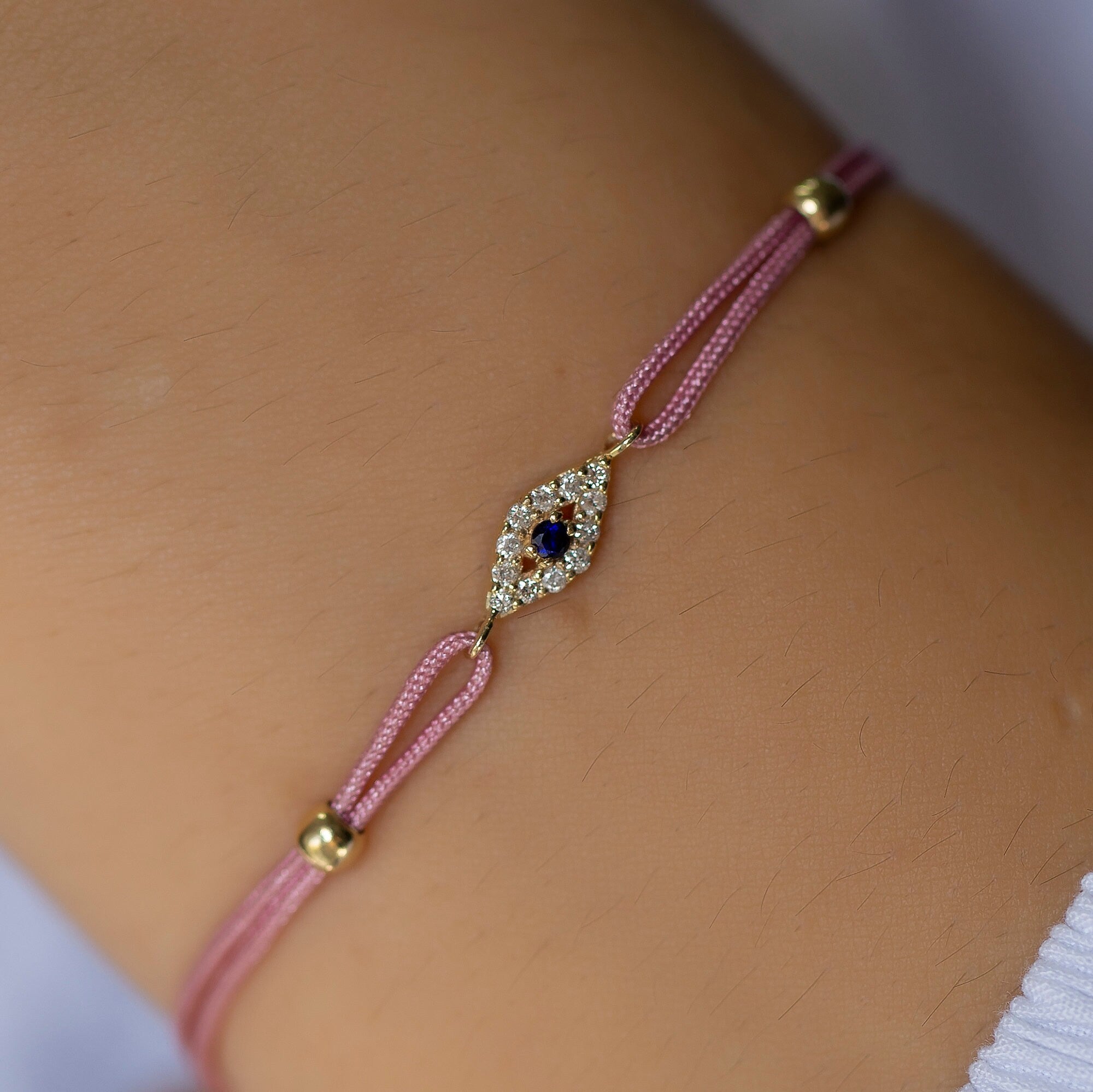 14K Gold Diamond Evil Eye Bracelet on Color Cord – Corde