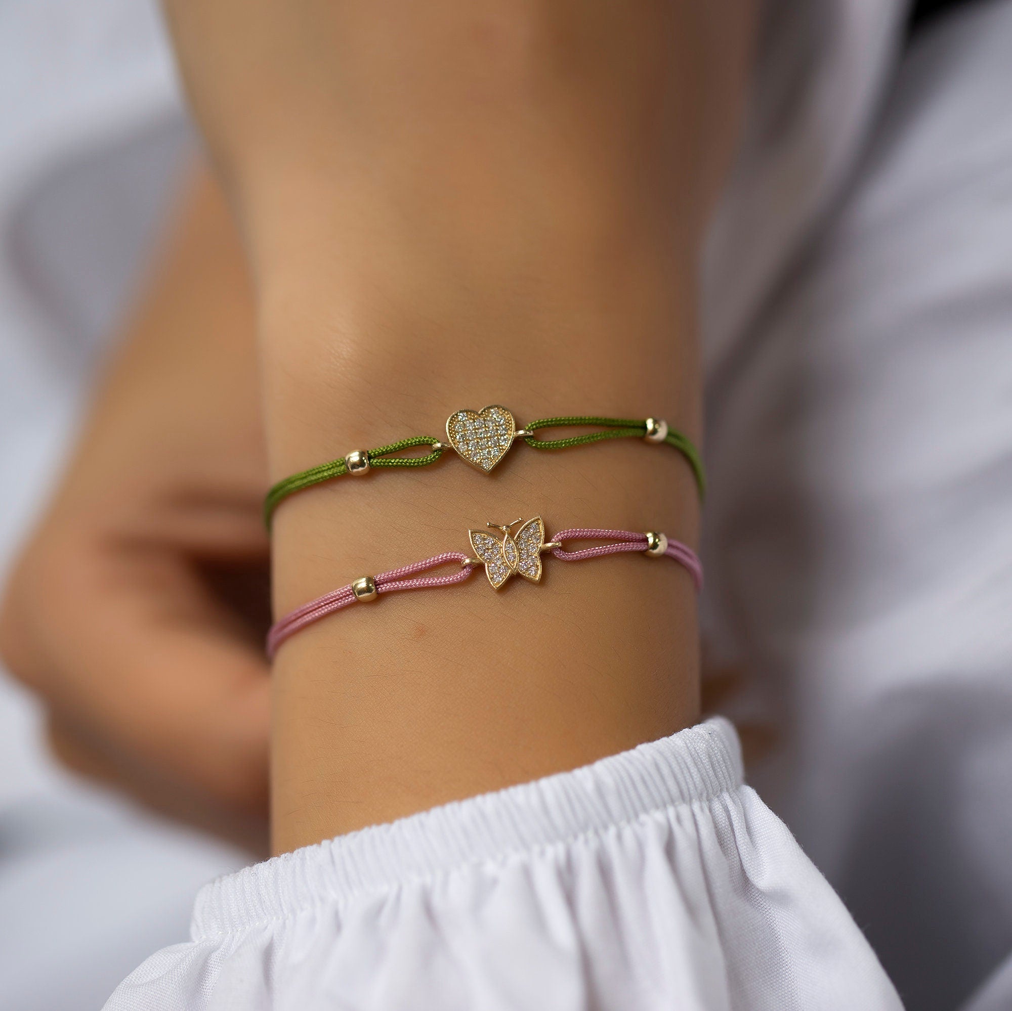 14K Gold Diamond Butterfly Bracelet on Color Cord – Corde