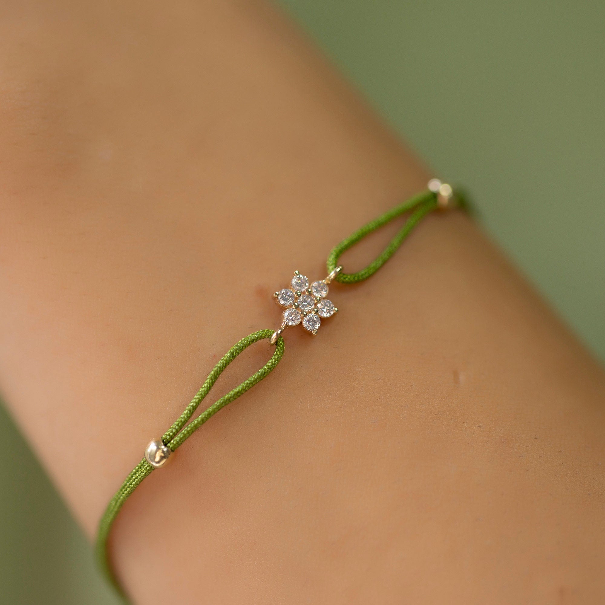 14K Gold Diamond Flower Bracelet on Color Cord – Corde