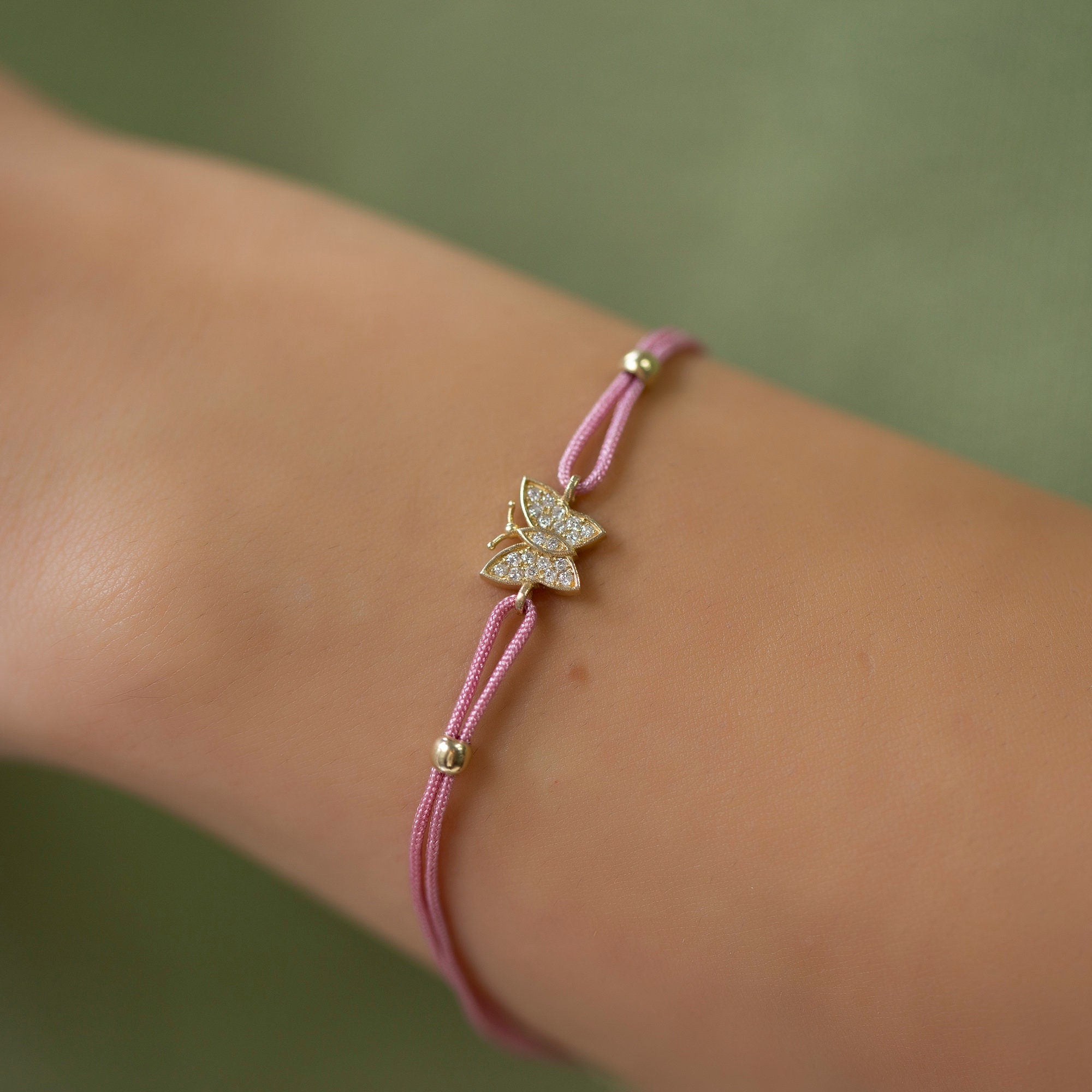 14K Gold Diamond Butterfly Bracelet on Color Cord – Corde