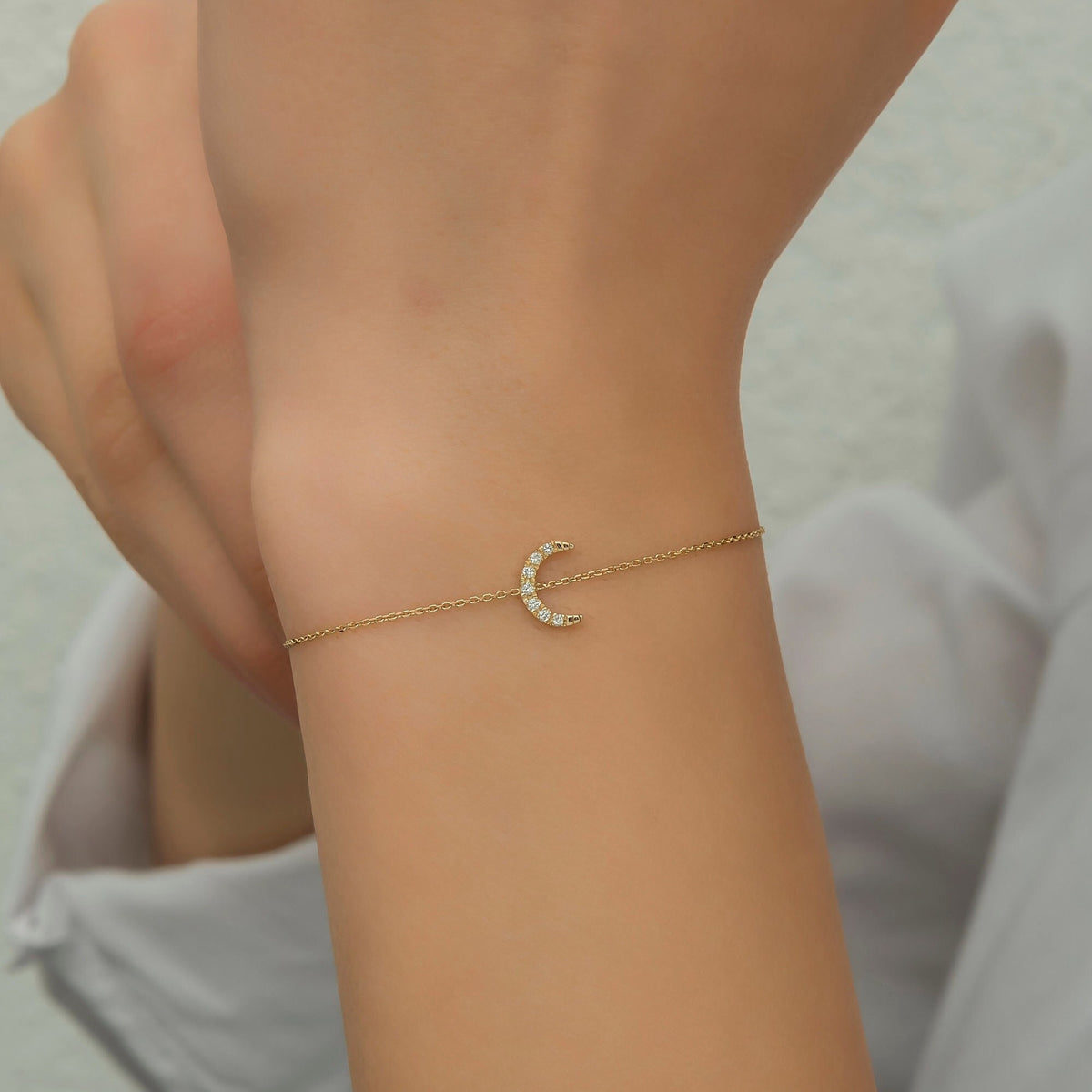 14K Gold Diamond Crescent Moon Bracelets for Woman/ Diamond Moon Bracelets Gifts for Her/ 14K Gold Woman Bracelets/  Christmas Gifts