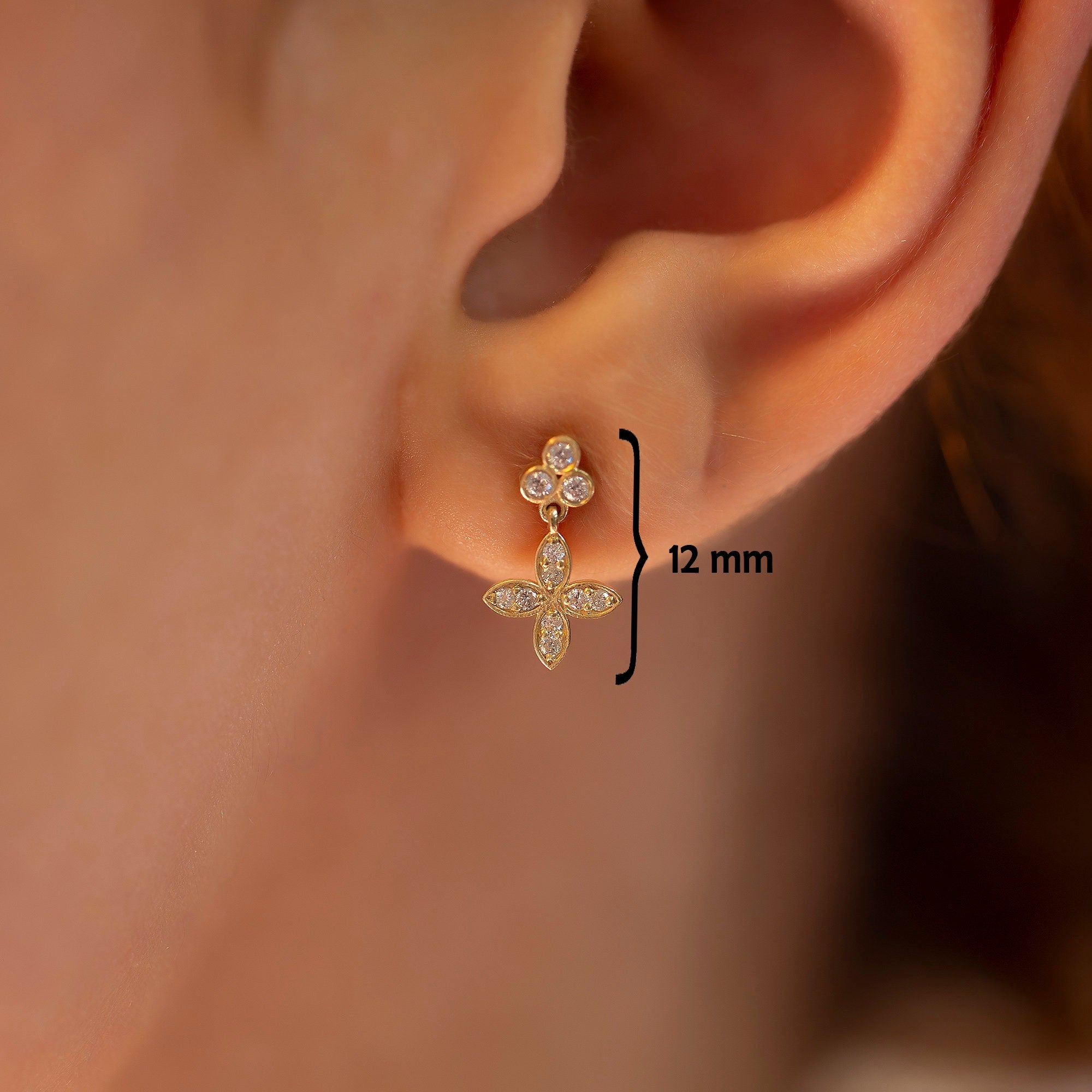 14K Gold Long Dangling Diamond Flower Stud Earrings / Diamond Clover Flower Stud Earrings / Dainty Flower Studs Earring/ Christmas Gifts