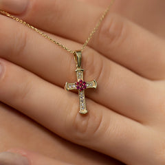 14K Gold Diamond & Ruby Cross Necklace – Radiance