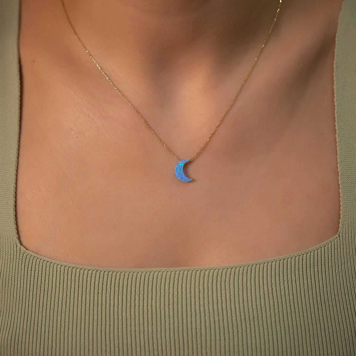 14K Gold Chain Synthetic Blue Opal Moon Necklace / Dainty Opal Crescent Moon Gold Chain Necklace / Birthday Gifts for Her/ The Mom