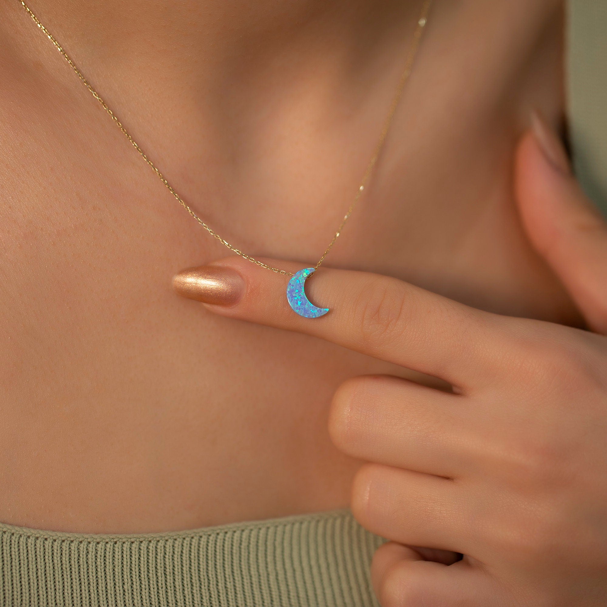 14K Gold Chain Synthetic Blue Opal Moon Necklace / Dainty Opal Crescent Moon Gold Chain Necklace / Birthday Gifts for Her/ The Mom