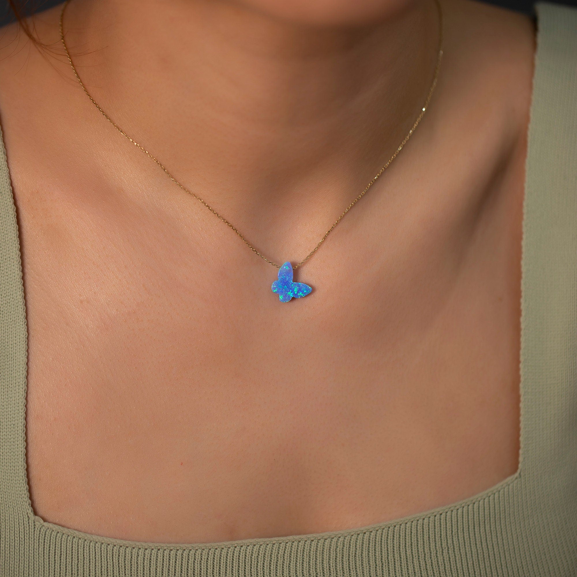 14K Gold Chain Synthetic Blue Opal Butterfly Necklace / Dainty Opal Butterfly Gold Chain Necklace / Opal Butterfly Necklace Birthday Gifts