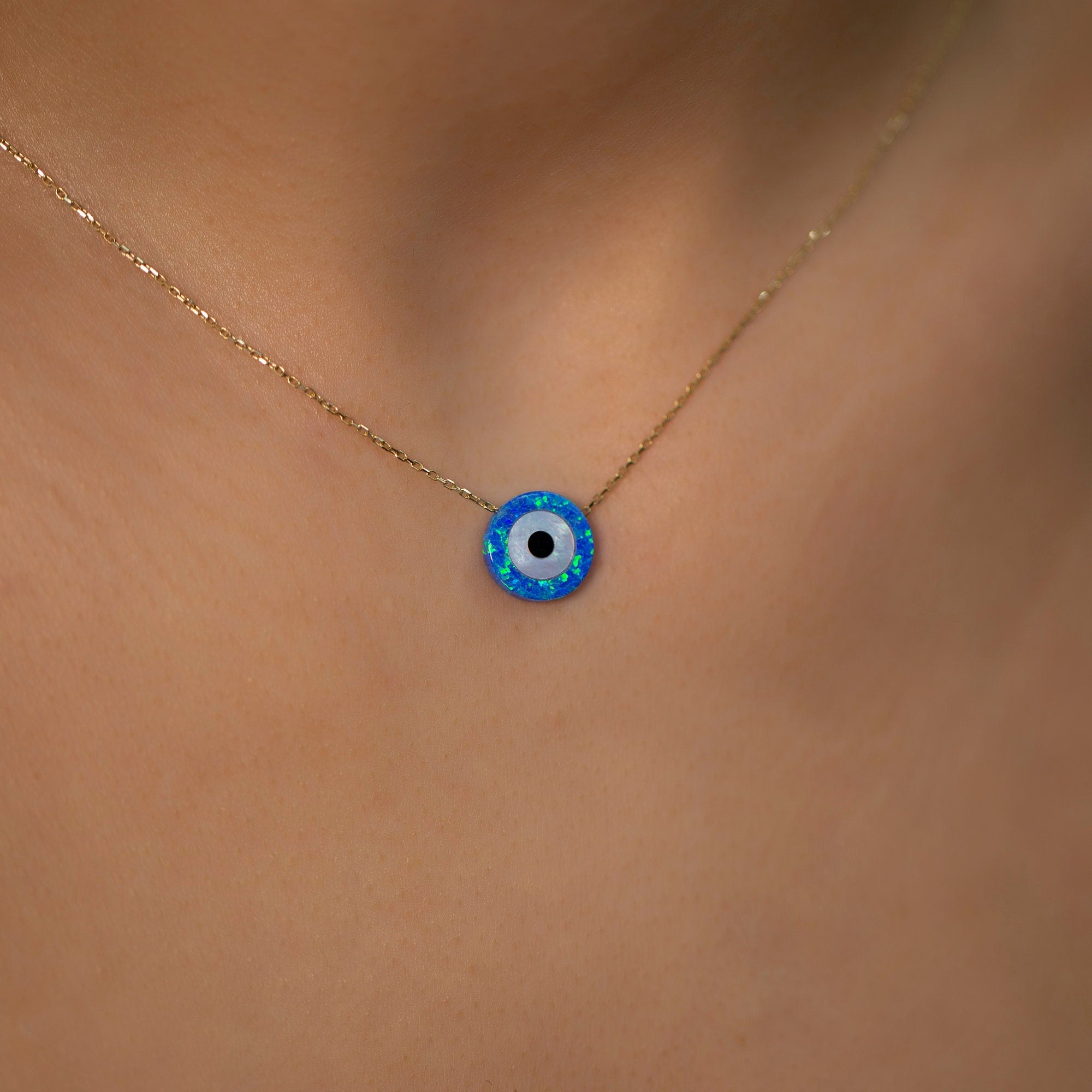 14K Gold Chain Synthetic Blue Opal Round Evil Eye Necklace / Dainty Opal Evil Eye Gold Chain Necklace / Opal Evil Eye Necklace Birthday Gift