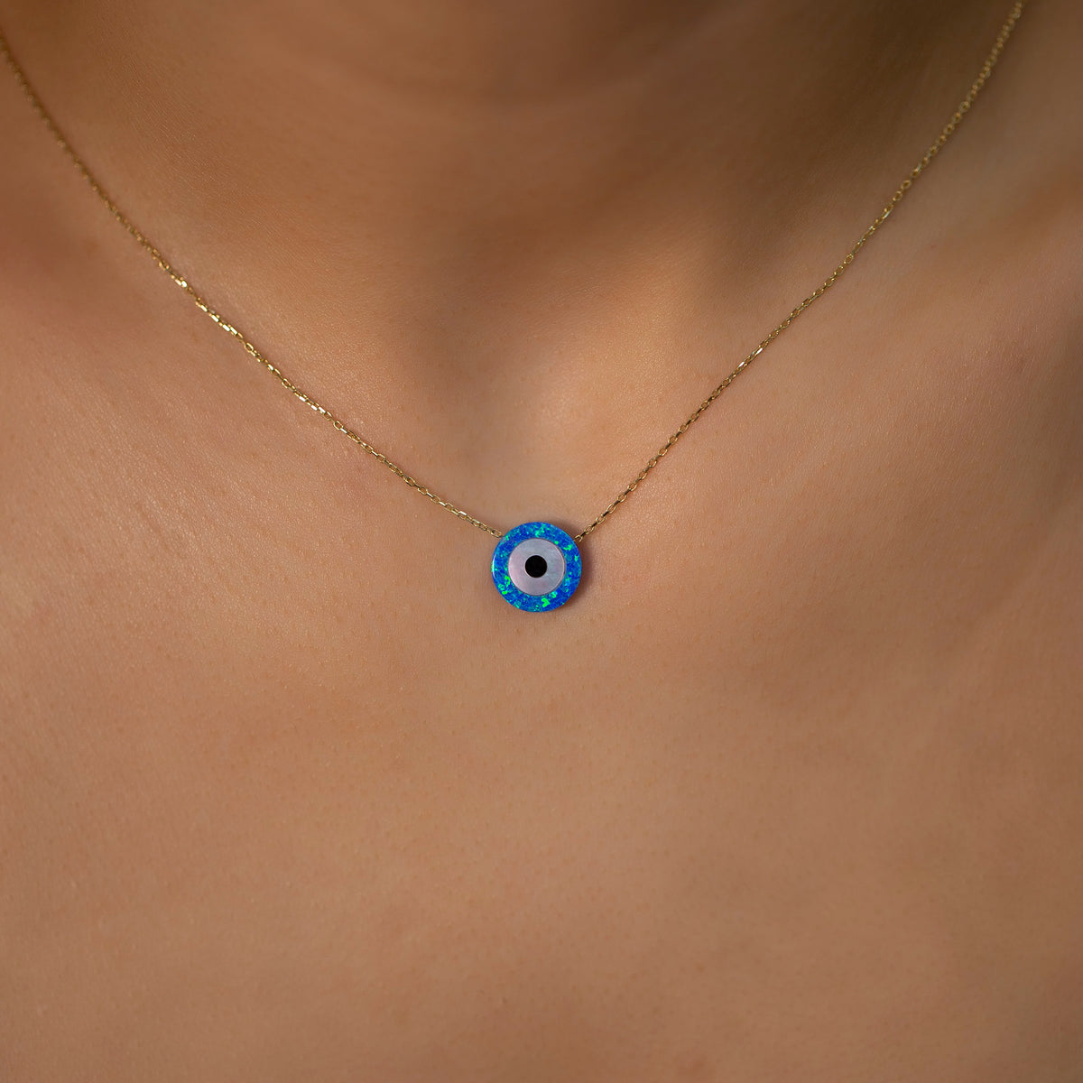 14K Gold Chain Synthetic Blue Opal Round Evil Eye Necklace / Dainty Opal Evil Eye Gold Chain Necklace / Opal Evil Eye Necklace Birthday Gift