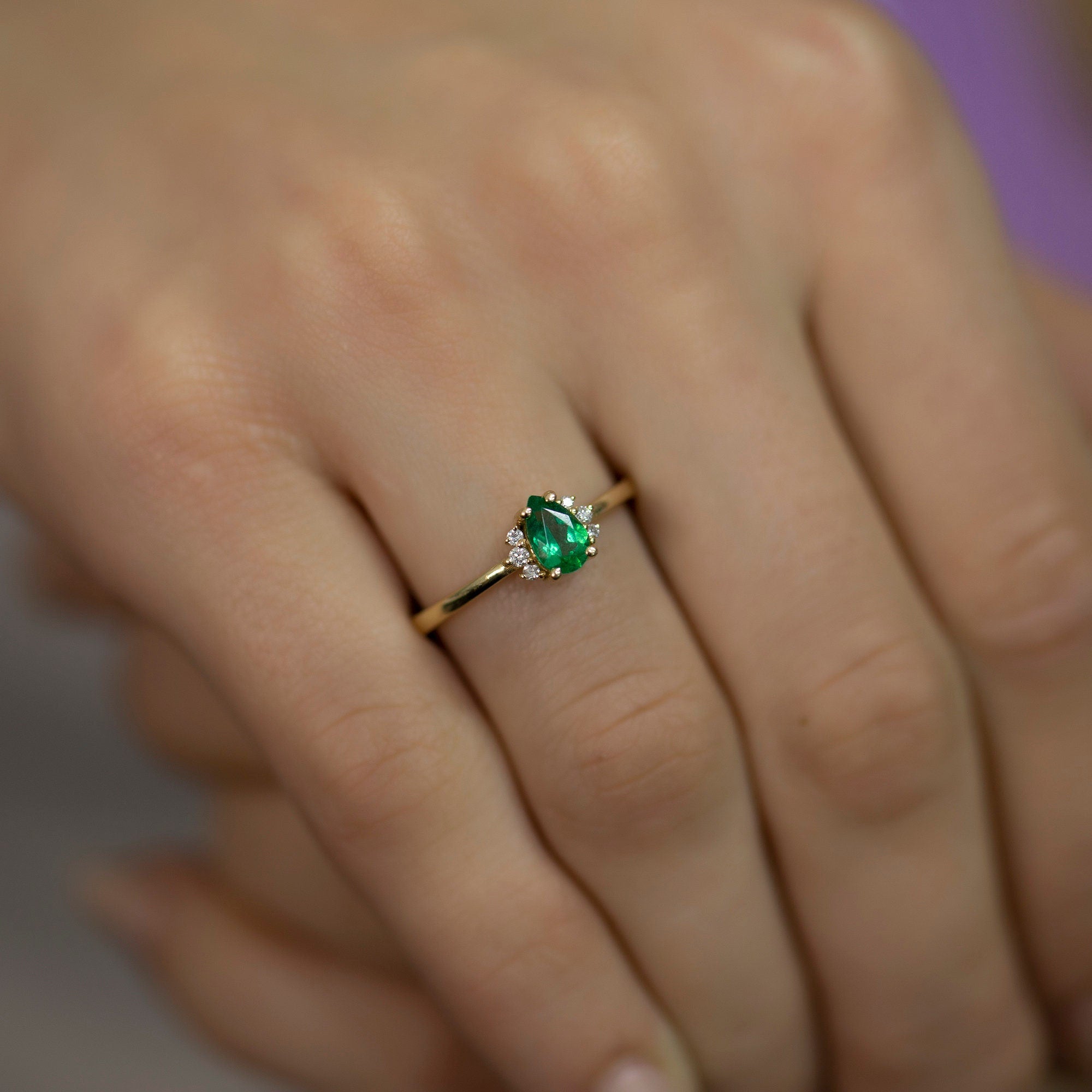 14K Gold Pear Emerald & Diamond Ring — Ismene