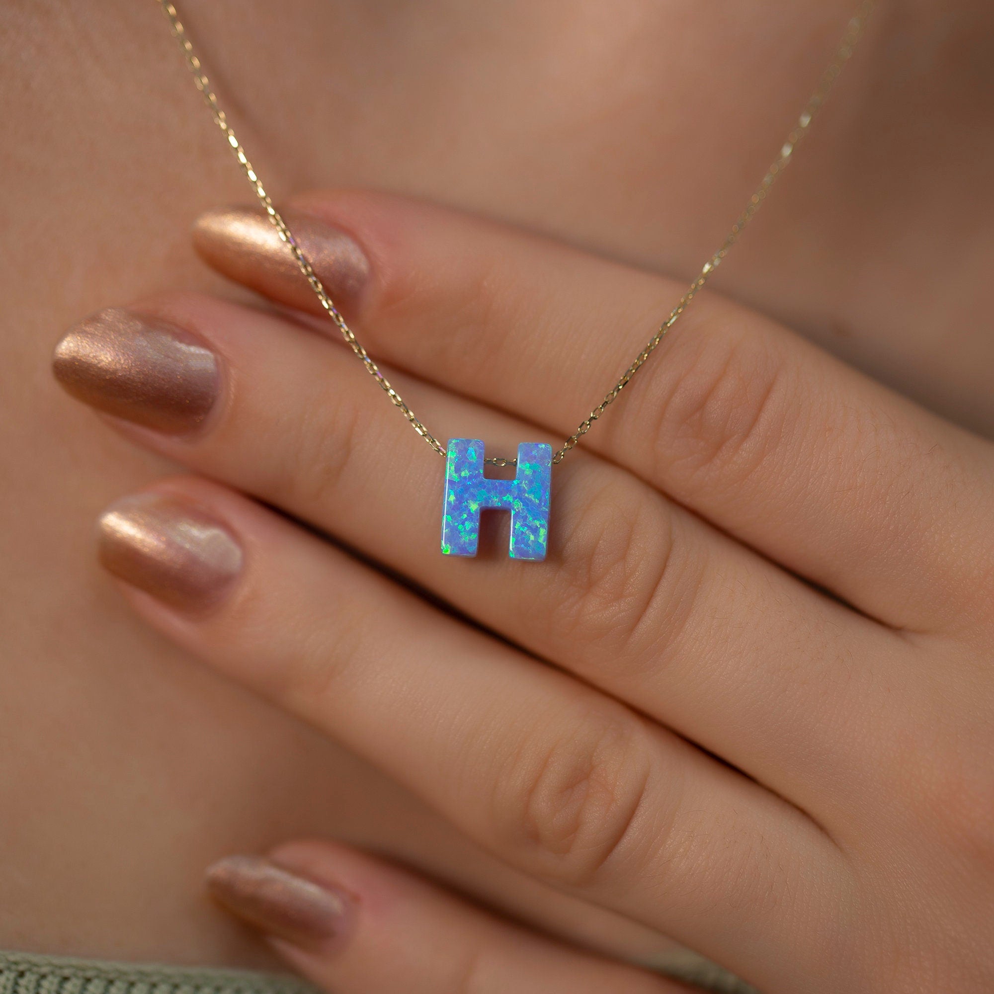 14K Gold Chain Opal Initial Necklace / Personalized Initial Necklace / Synthetic opal Opal Letter Gold Chain Necklace / Valentines Day Gifts