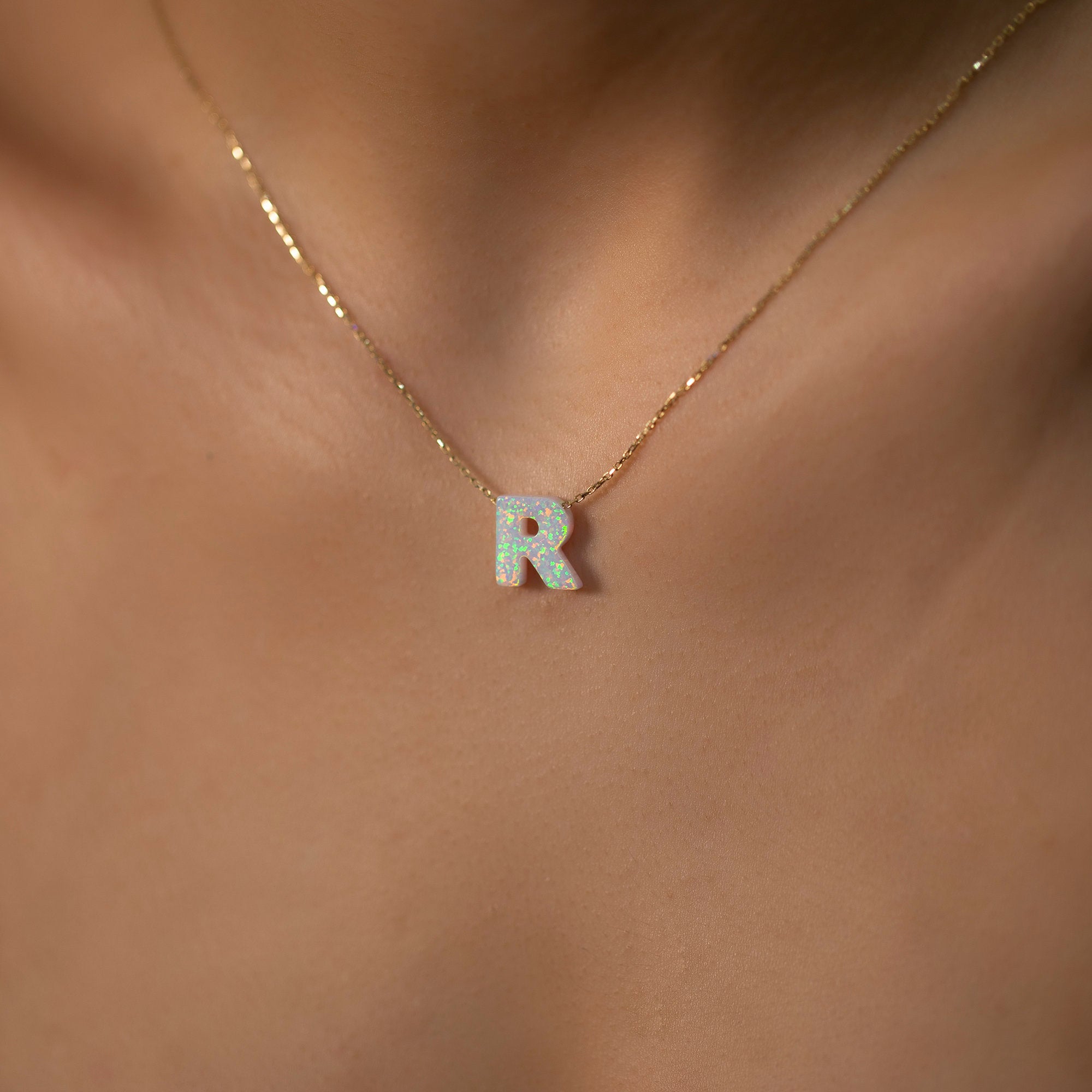 14K Gold Chain Opal Initial Necklace / Personalized Initial Necklace / Synthetic opal Opal Letter Gold Chain Necklace / Valentines Day Gifts