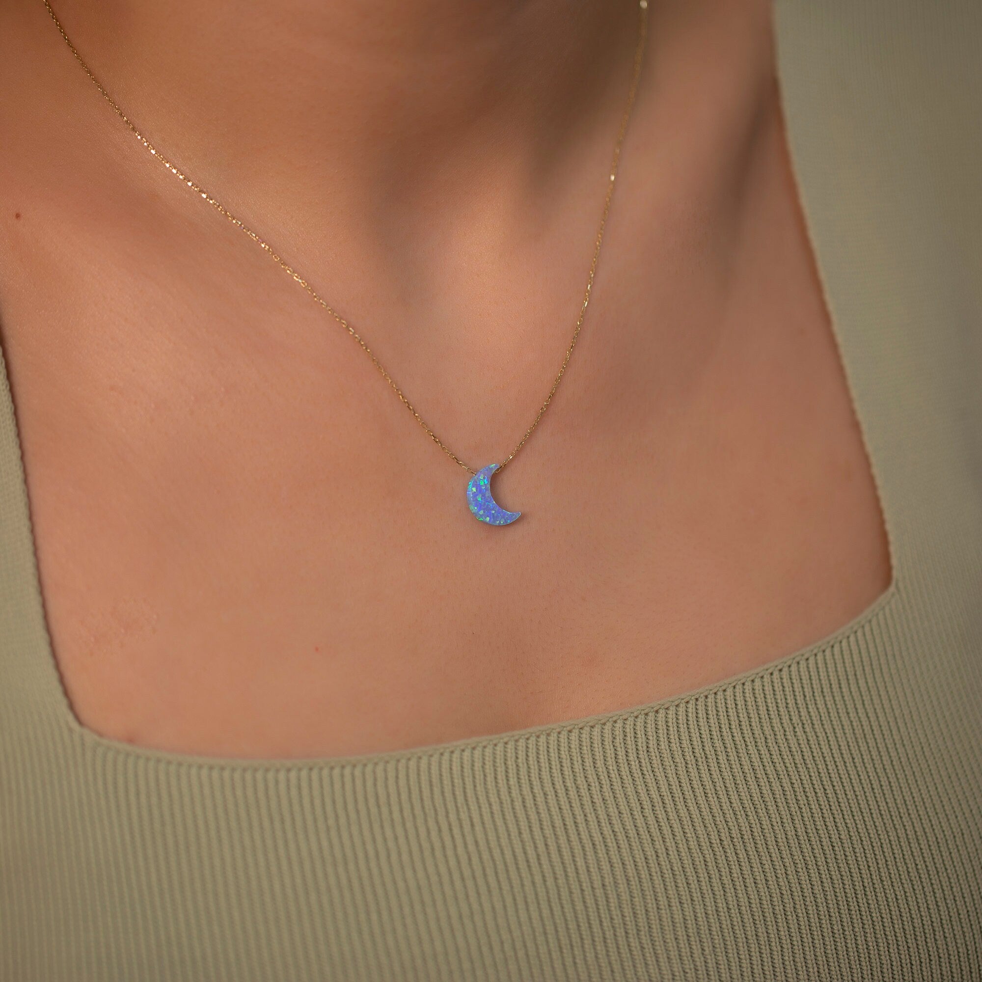 14K Gold Chain Synthetic Blue Opal Moon Necklace / Dainty Opal Crescent Moon Gold Chain Necklace / Birthday Gifts for Her/ The Mom