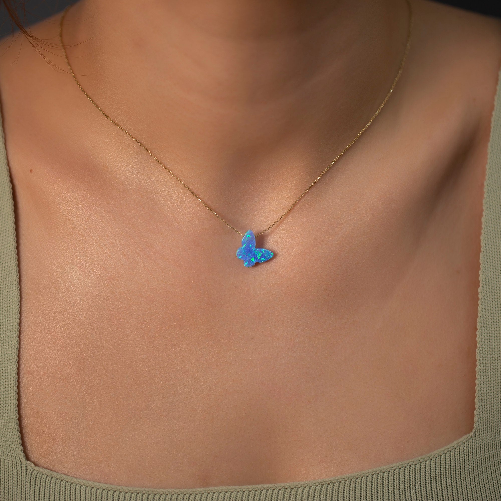 14K Gold Chain Synthetic Blue Opal Butterfly Necklace / Dainty Opal Butterfly Gold Chain Necklace / Opal Butterfly Necklace Birthday Gifts