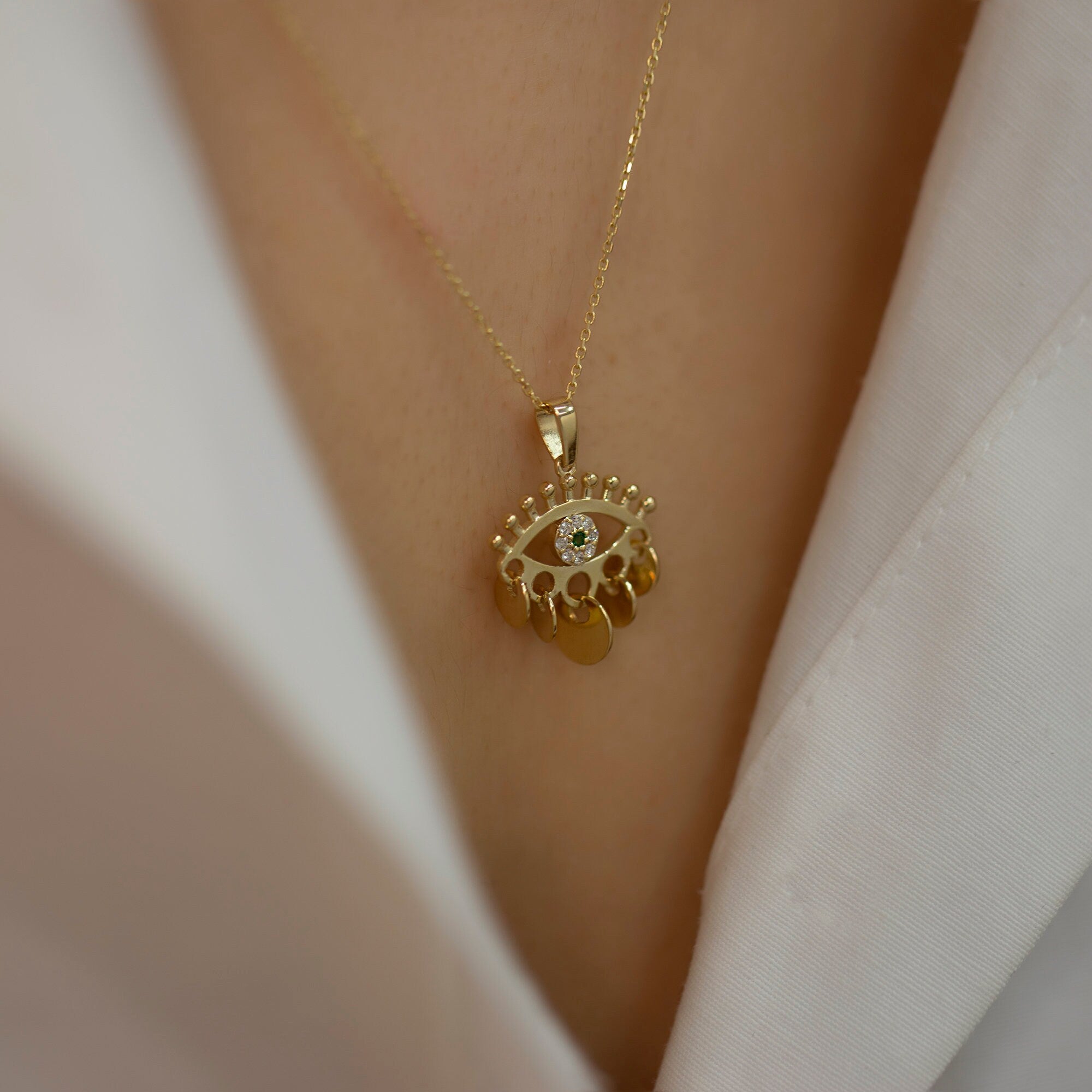 14K Gold Emerald Evil Eye Dangle Necklace – Nazar