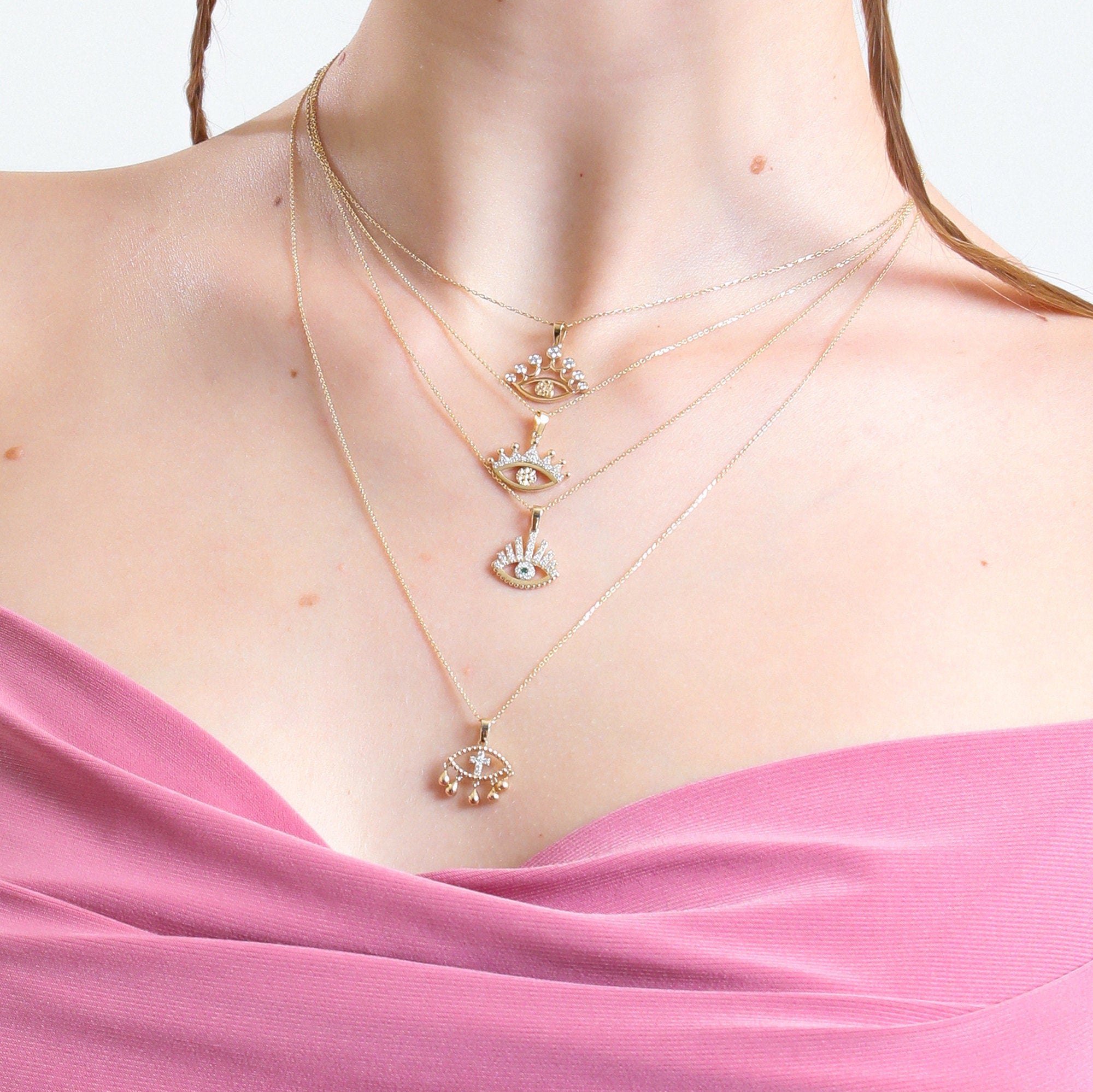 14K Gold Diamond Cross & Eye Necklace – Nazar