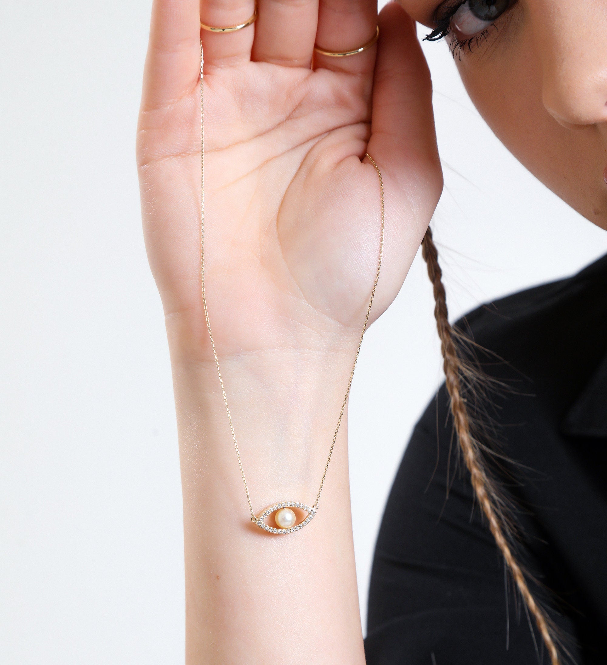 14K Gold Pearl Evil Eye Necklace – Nazar