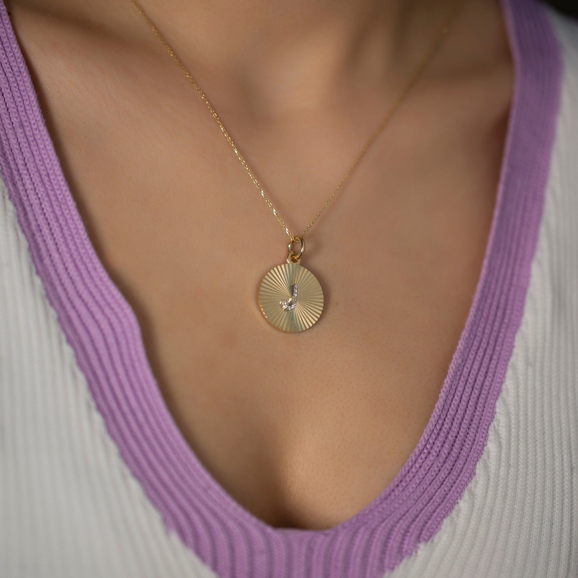 14K Gold Diamond Round Plate Initial Necklace – Carmiel