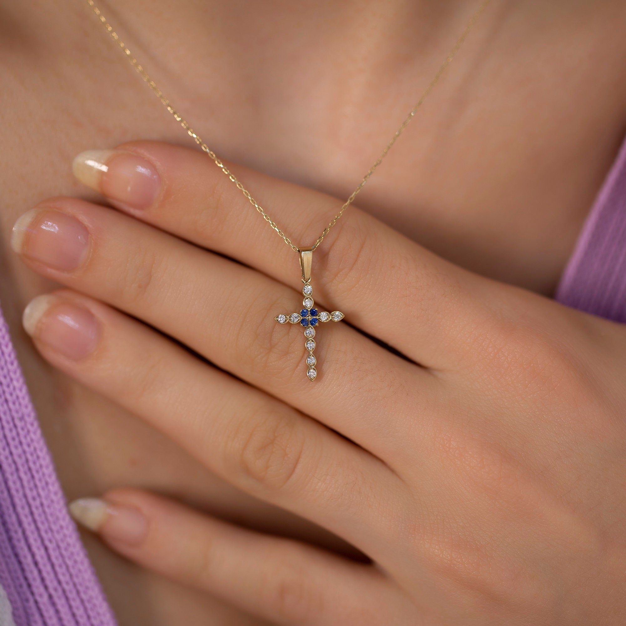 14K Gold Diamond & Sapphire Cross Necklace – Seraphis