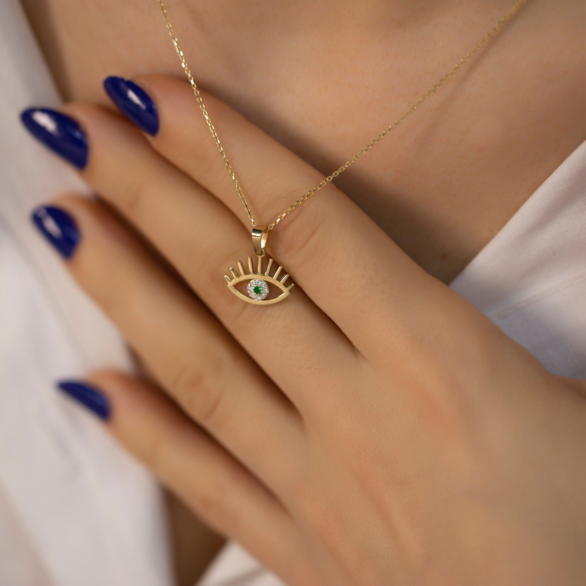 14K Gold Diamond Emerald Eye Necklace – Nazar