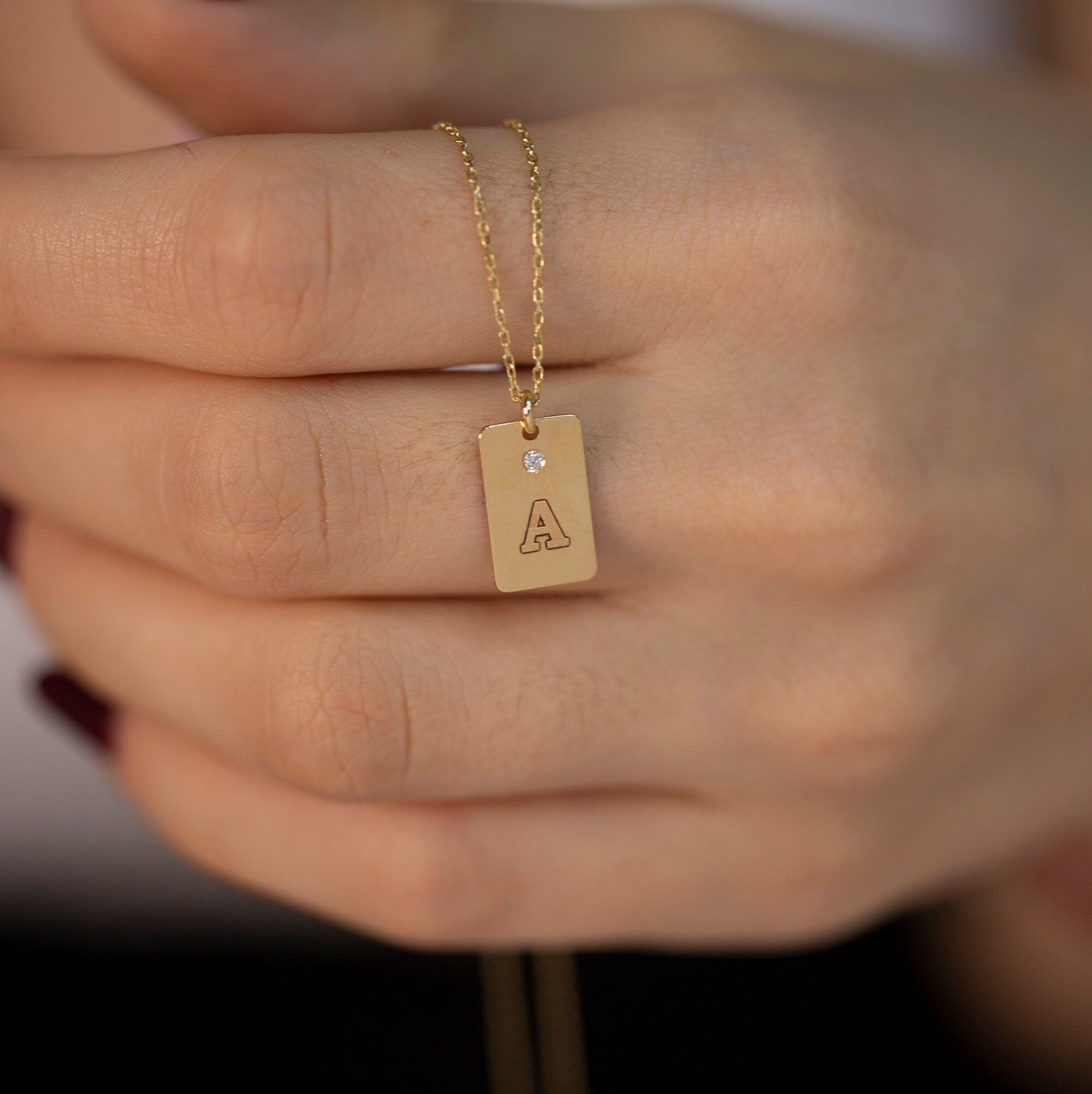 14K Gold Diamond Rectangle Initial Necklace – Emblem