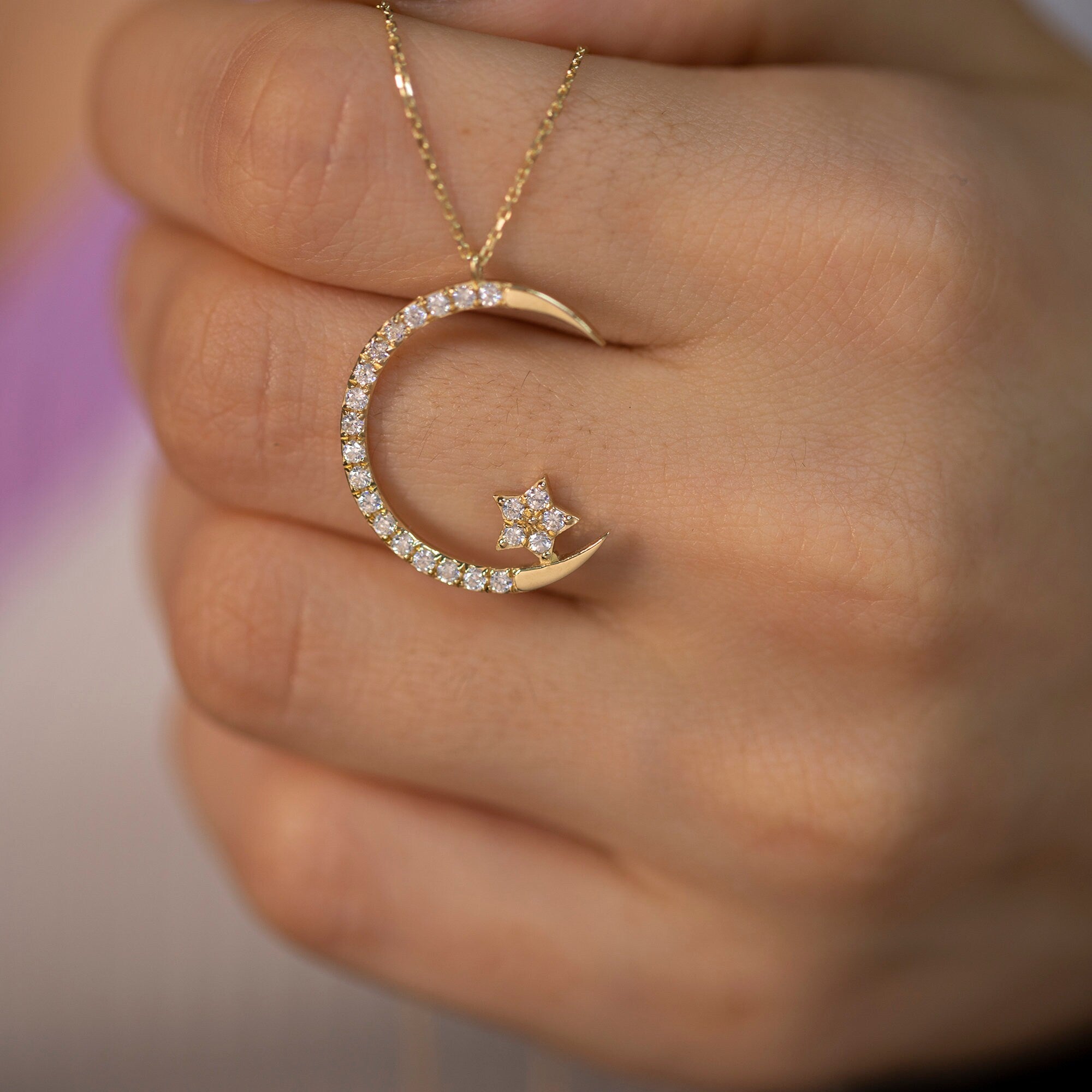 14K Gold Diamond Crescent Moon Star Necklace / Diamond Moon and Star Necklace for Woman/ Dainty Diamond Moon Star Necklace Gift for Her