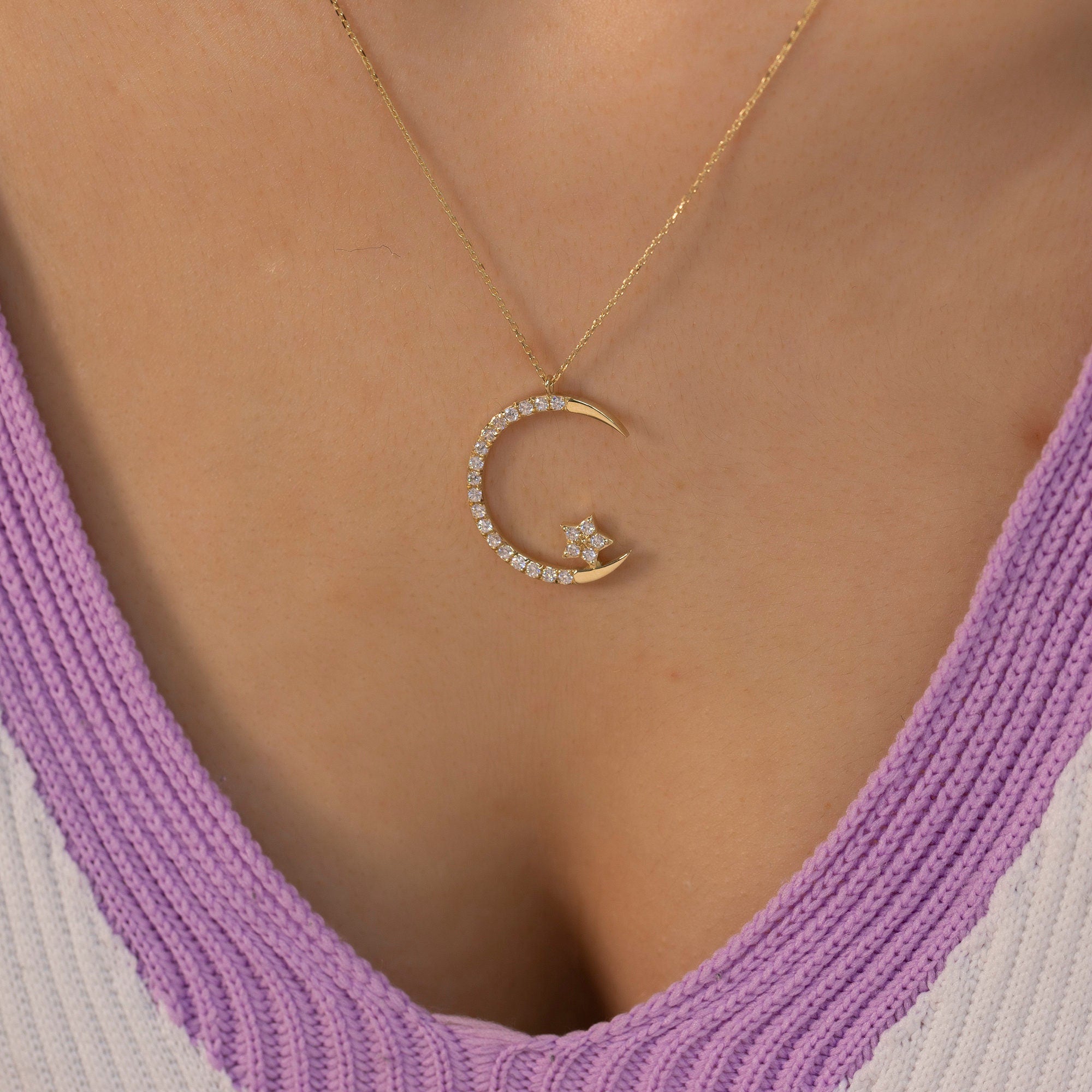 14K Gold Diamond Crescent Moon Star Necklace / Diamond Moon and Star Necklace for Woman/ Dainty Diamond Moon Star Necklace Gift for Her