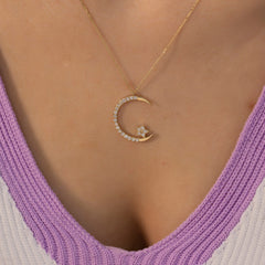 14K Gold Diamond Crescent Moon & Star Necklace – Caelia