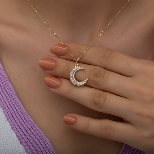 14K Gold Diamond & Pearl Crescent Moon Necklace – Elaren