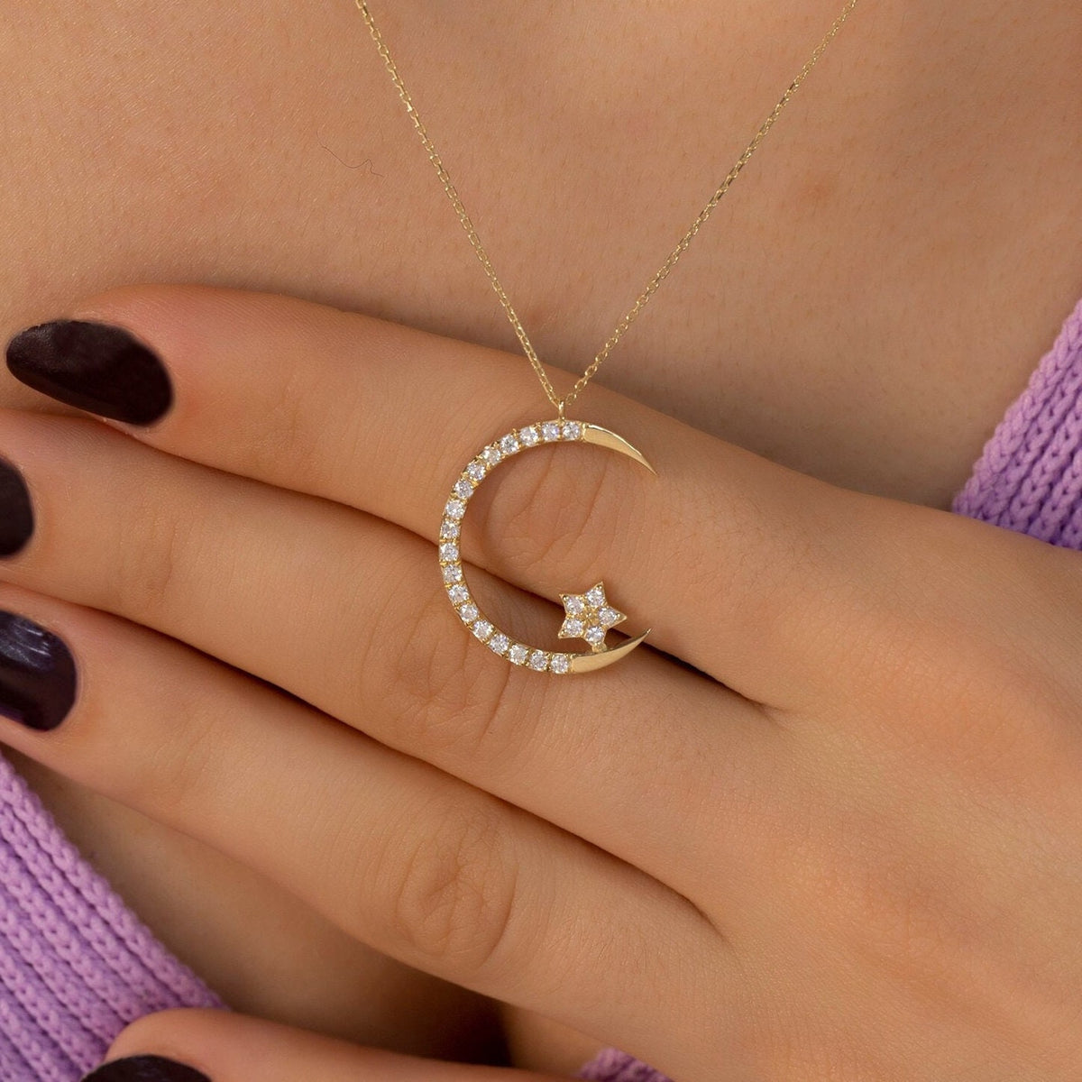 14K Gold Diamond Crescent Moon Star Necklace / Diamond Moon and Star Necklace for Woman/ Dainty Diamond Moon Star Necklace Gift for Her
