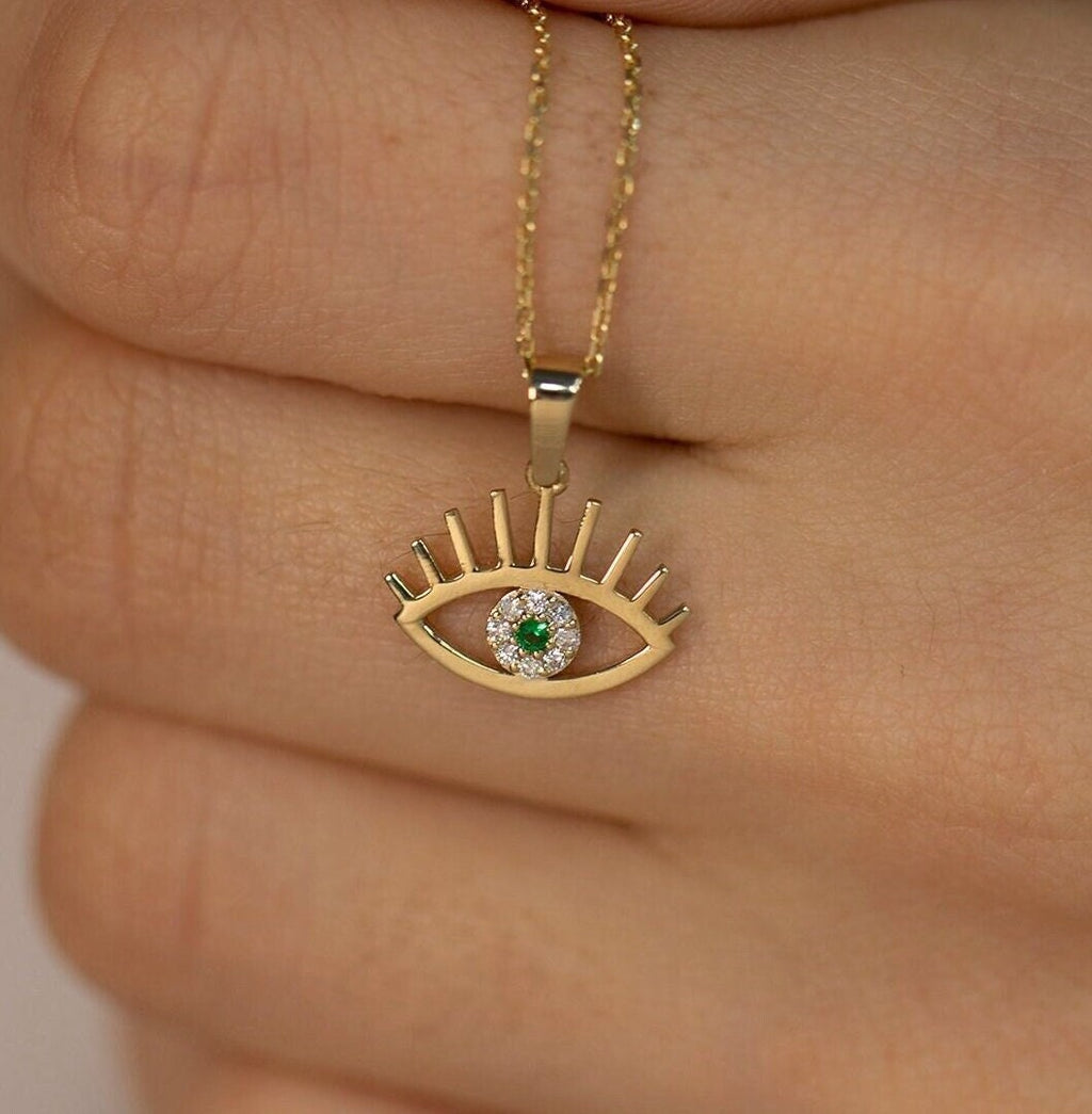 14K Gold Diamond Emerald Eye Necklace – Nazar