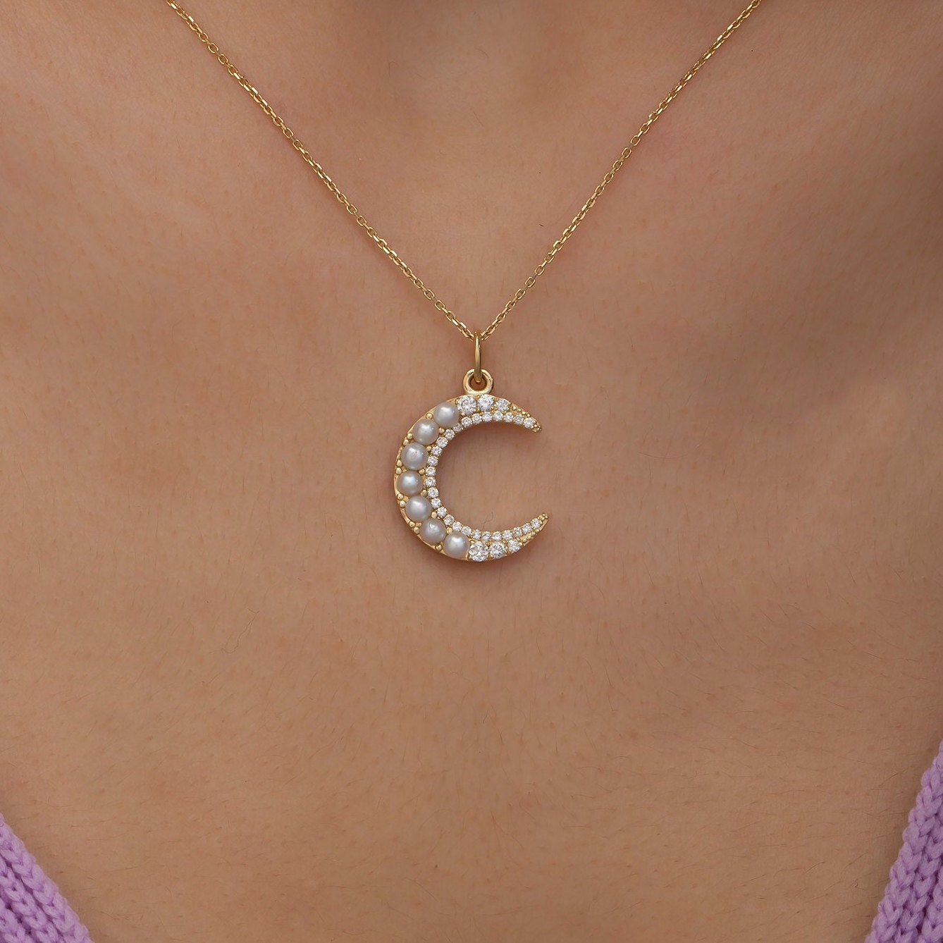 14K Gold Diamond & Pearl Crescent Moon Necklace – Elaren