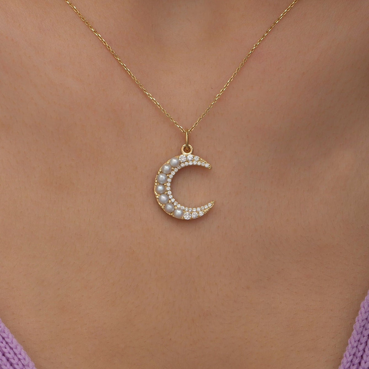 14K Gold Diamond Pearl Crescent Moon Necklace/ Pearl Gold Moon Necklace for Woman/ Gold Diamond Moon Necklace Gifts for Her/ Christmas Gifts