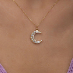 14K Gold Diamond & Pearl Crescent Moon Necklace – Elaren