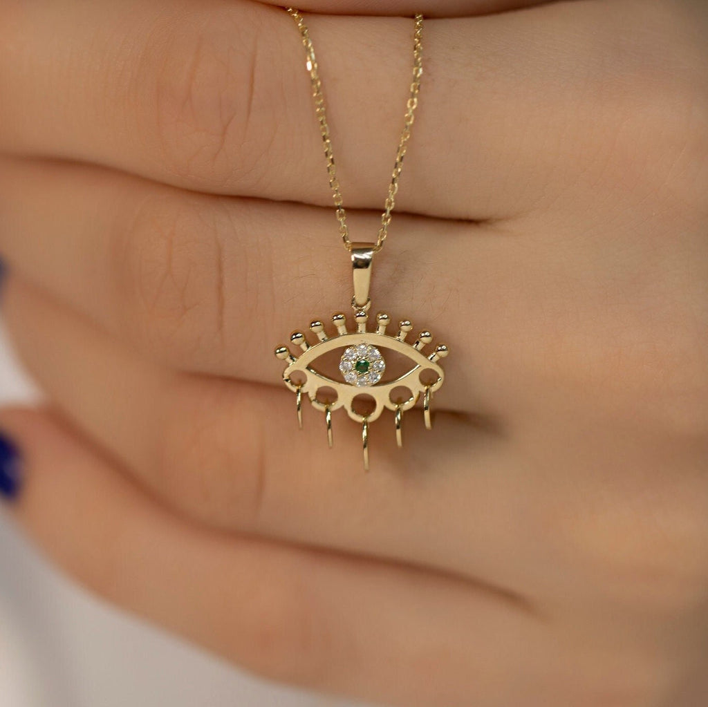 14K Gold Emerald Evil Eye Dangle Necklace – Nazar