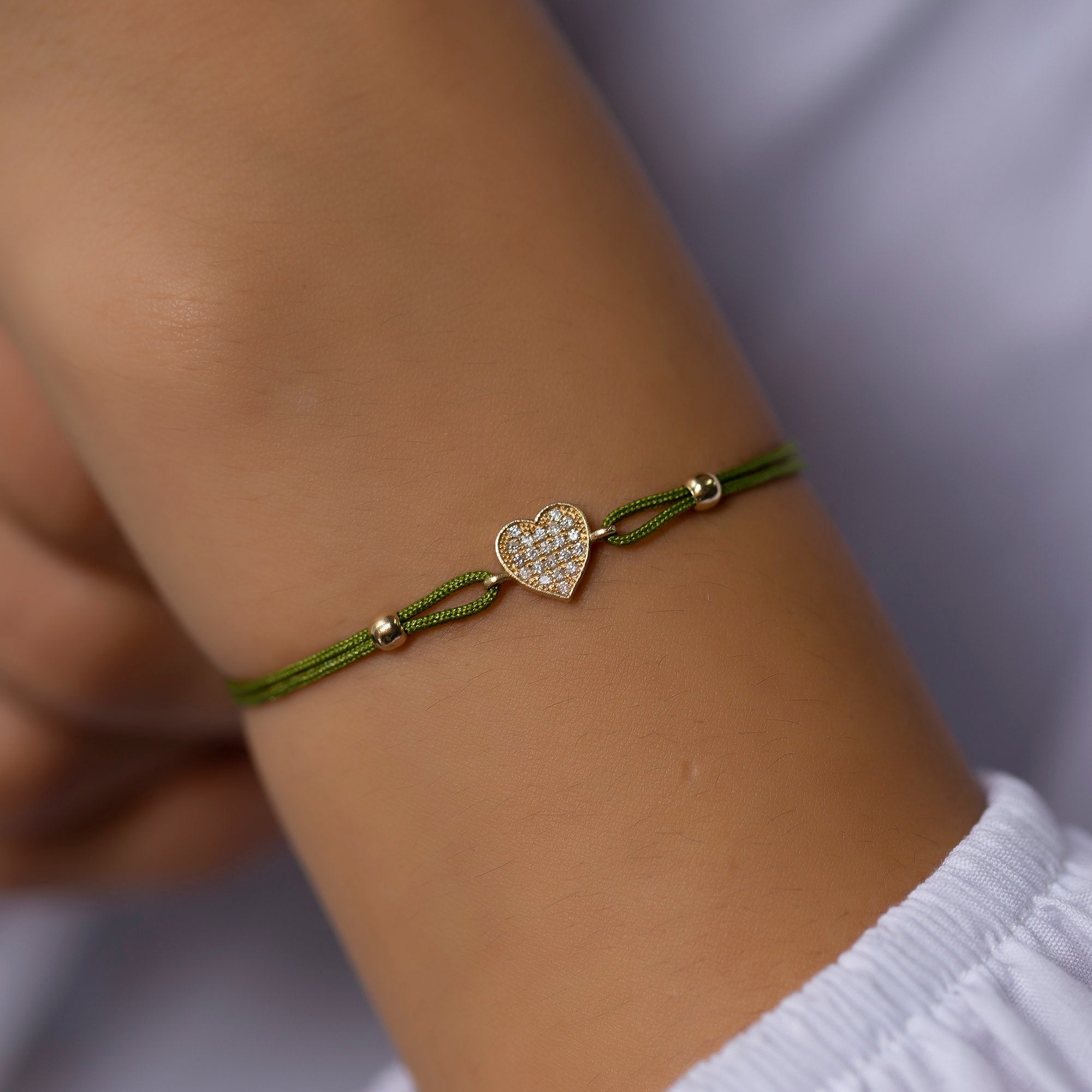 14K Gold Diamond Heart Bracelet on Color Cord – Corde