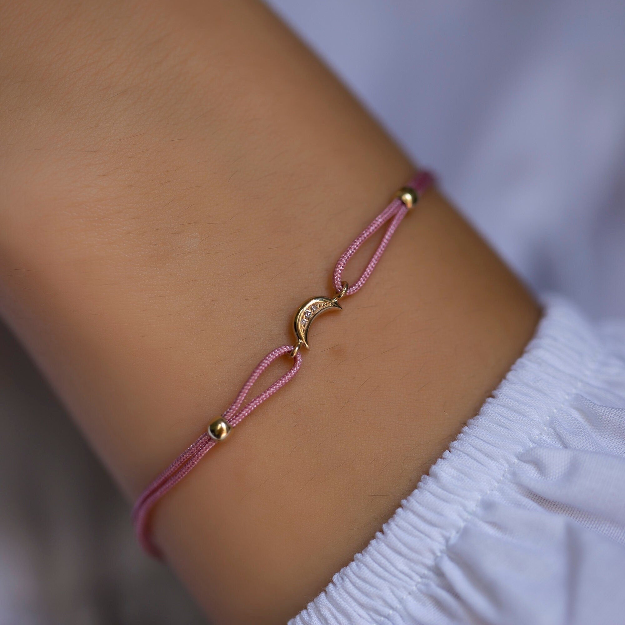 14K Gold Diamond Moon Bracelet on Color Cord – Corde