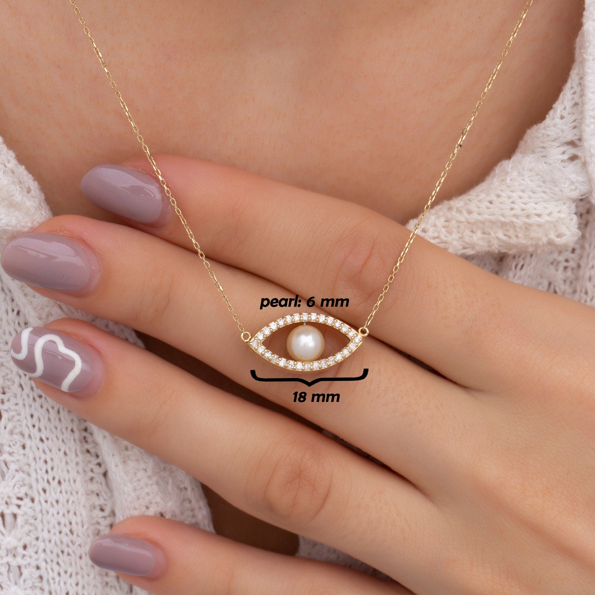 14K Gold Pearl Evil Eye Necklace – Nazar
