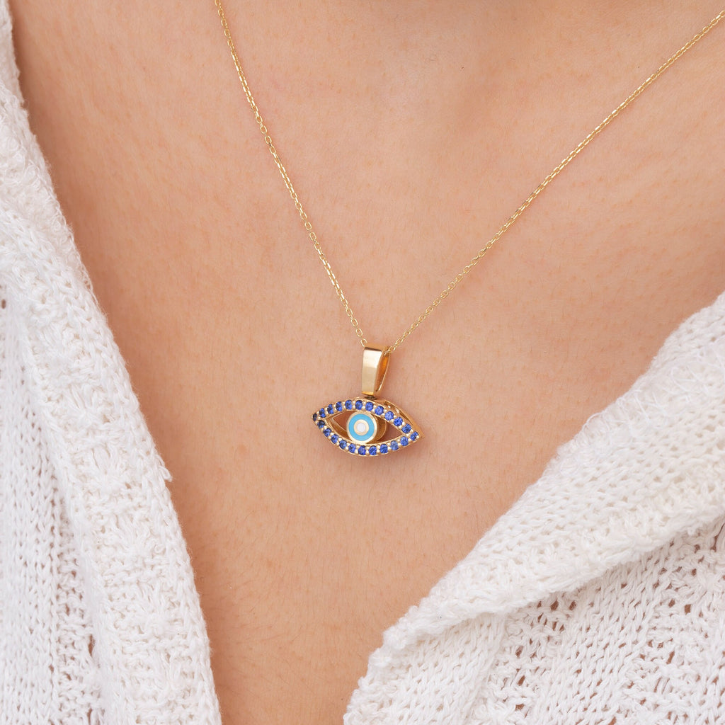 14K Gold Sapphire Double-Sided Enamel Evil Eye Necklace – Nazar