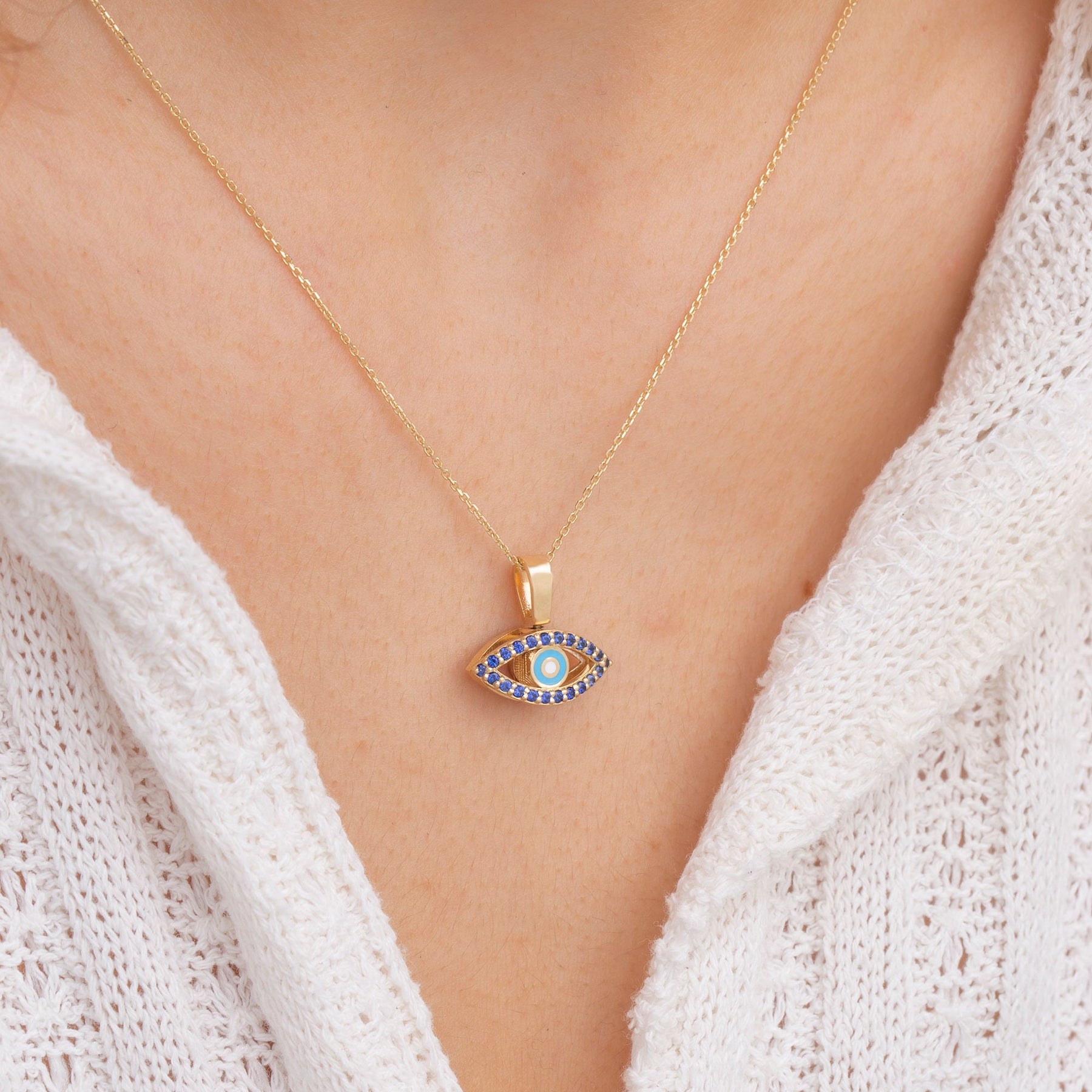 14K Gold Sapphire Double-Sided Enamel Evil Eye Necklace – Nazar