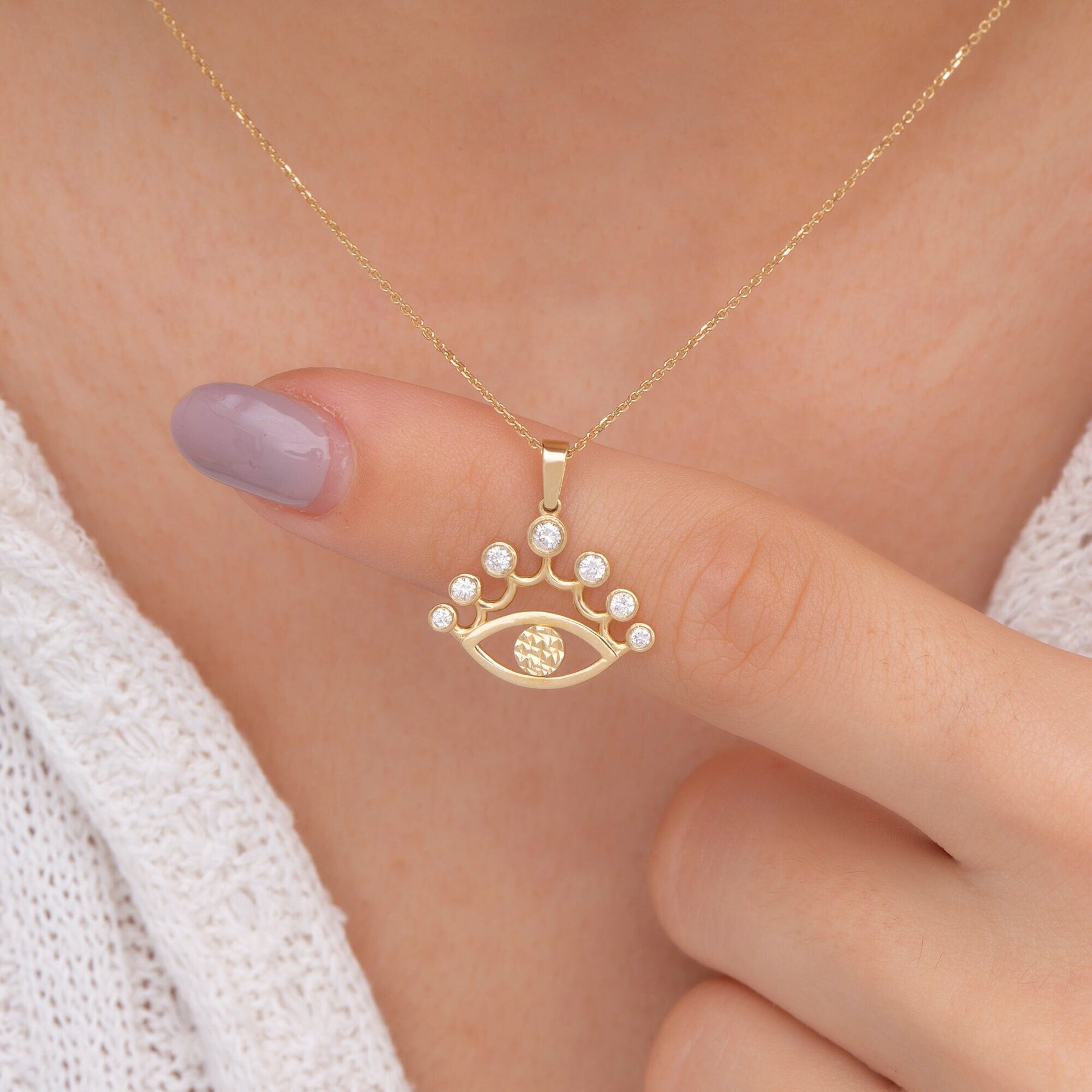14K Gold Diamond Crown Eyelash Evil Eye Necklace – Nazar