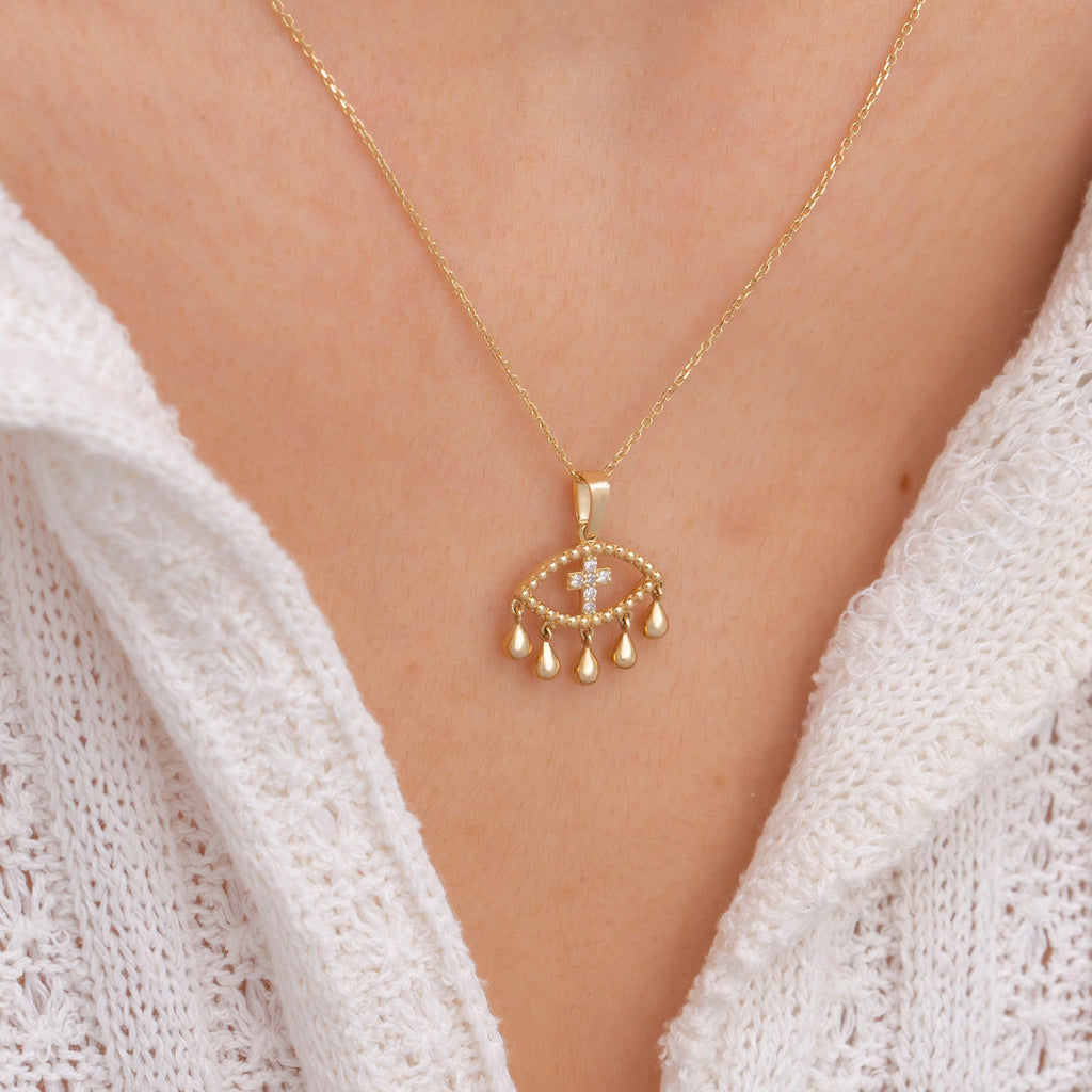 14K Gold Diamond Cross & Eye Necklace – Nazar
