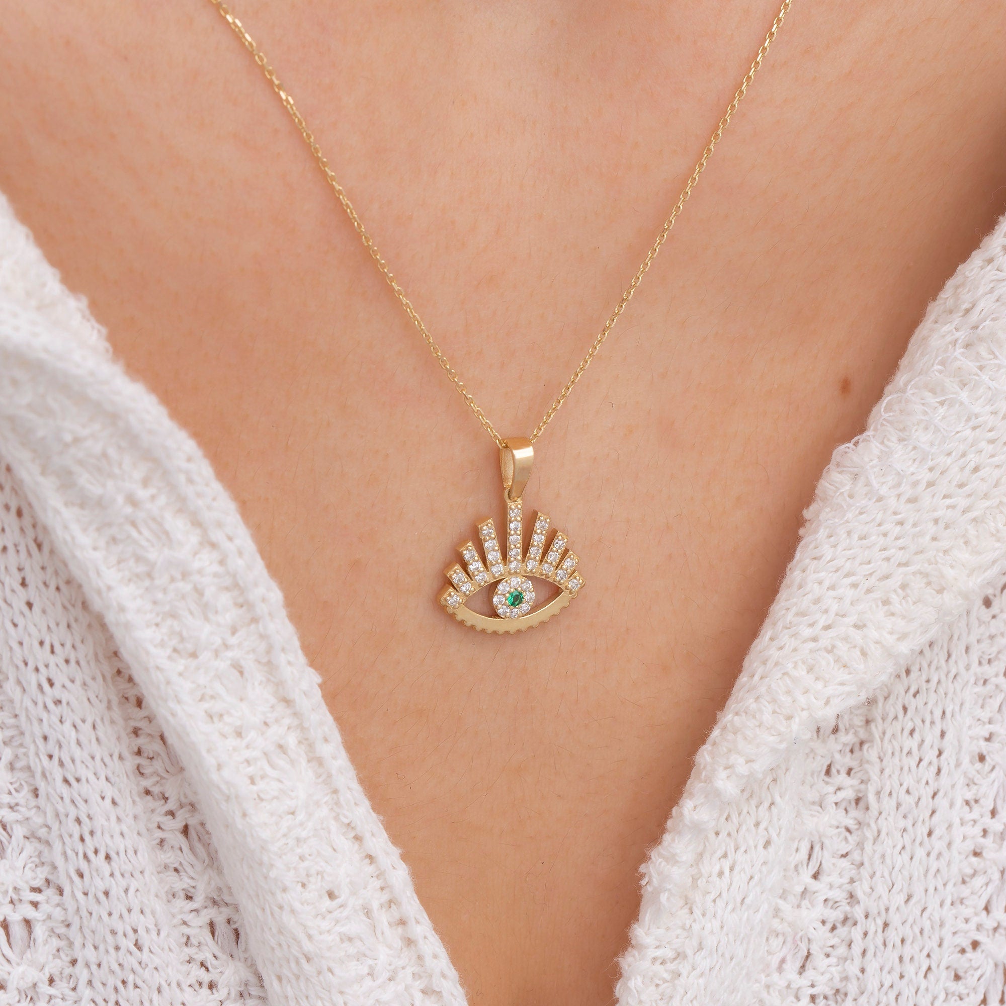 14K Gold Emerald Evil Eye Necklace – Nazar