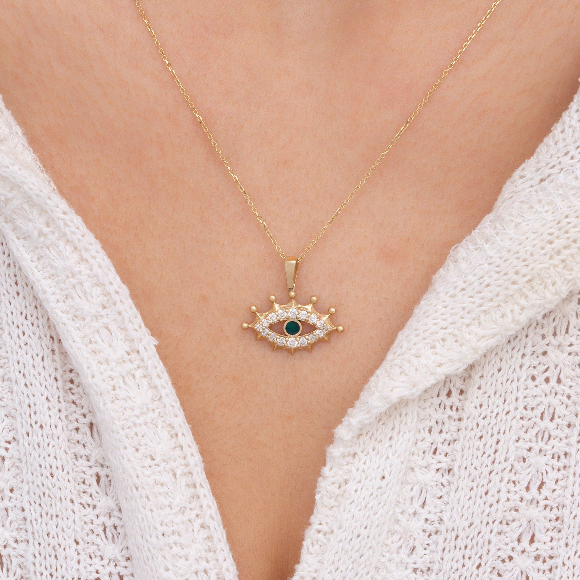 14K Gold Green Enamel Evil Eye Necklace – Nazar