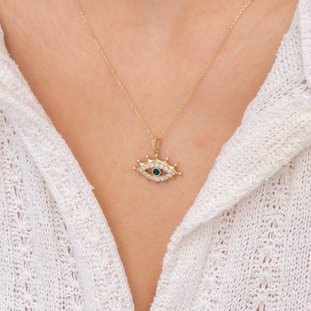 14K Gold Green Enamel Evil Eye Necklace – Nazar