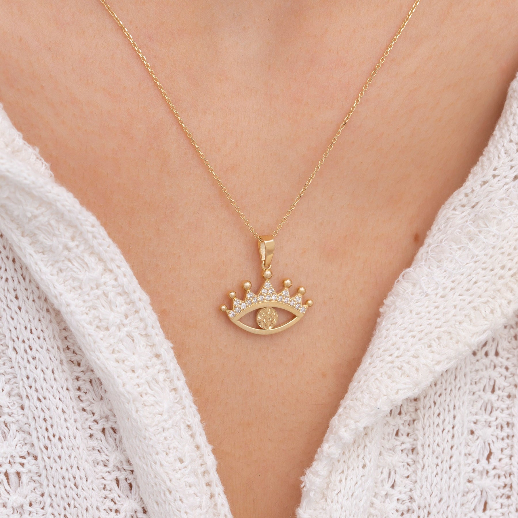 14K Gold Diamond Crown Eyelash Eye Necklace – Nazar